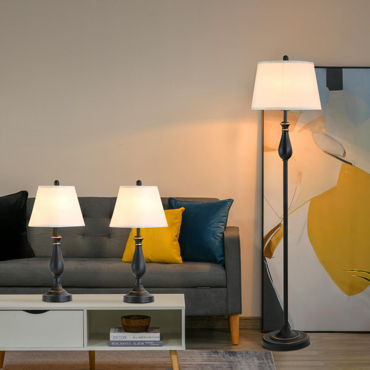 3ER-LAMPENSET 1 Stehlampe(ø38 x 158H cm) + 2 Tischlampe(ø30 x 62H cm) - Multicolor, Metall (38/158/30cm) - HOMCOM