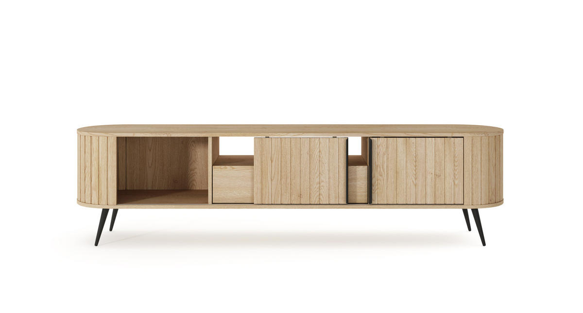TV-LOWBOARD LOVI 196 cm Eiche Cremona - mit Riffel-Front und Schiebetüren - Eichefarben/Schwarz, Holz/Holzwerkstoff (196/51/40cm) - Ravio