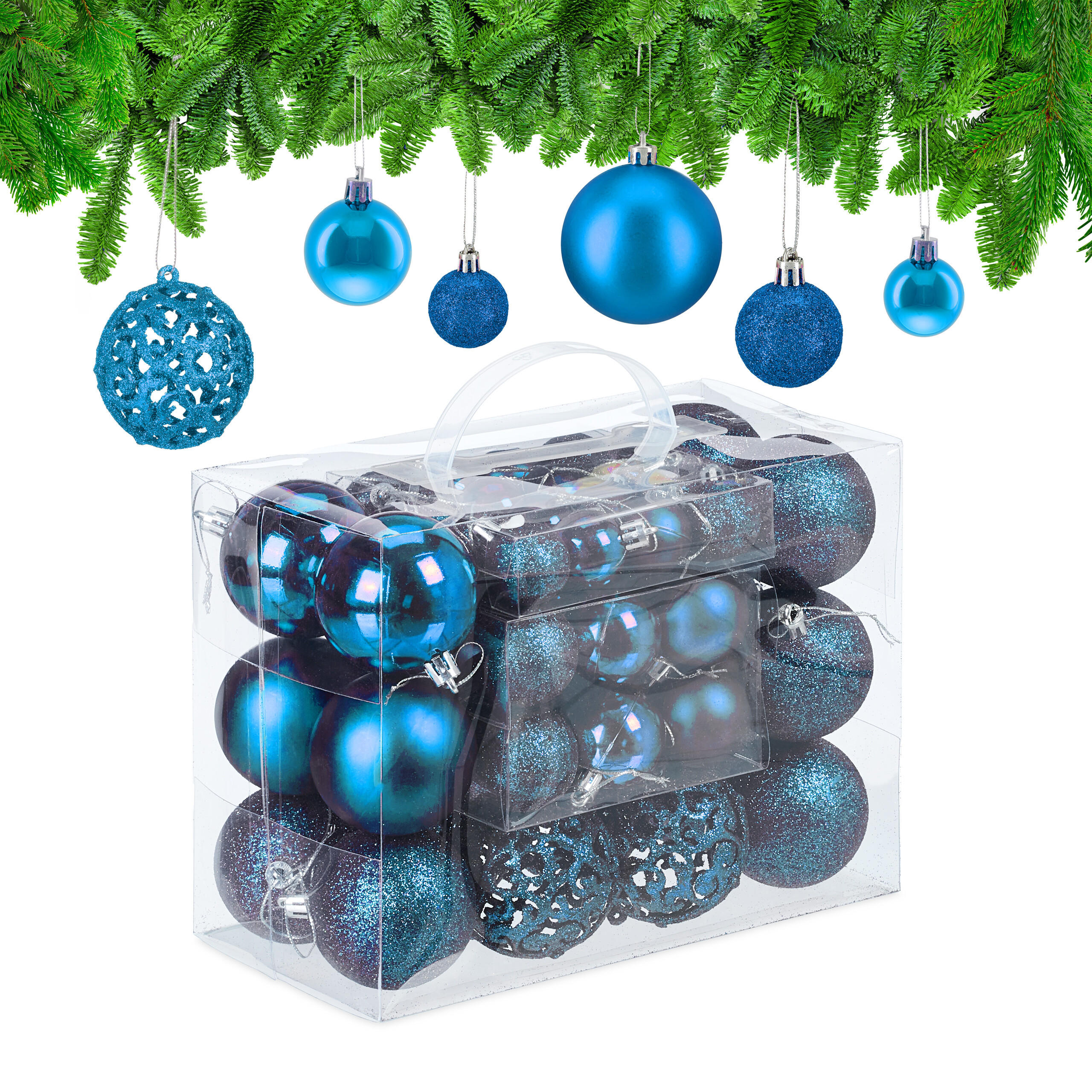 WEIHNACHTSKUGELN-SET 50-tlg. - Blau, Kunststoff (6/7/6cm) - Relaxdays