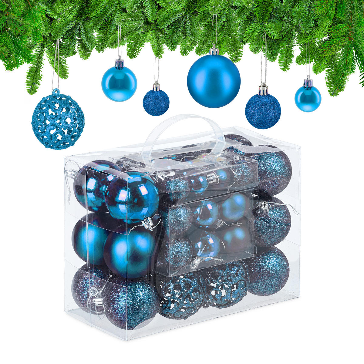 WEIHNACHTSKUGELN-SET 50-tlg. - Blau, Kunststoff (6/7/6cm) - Relaxdays