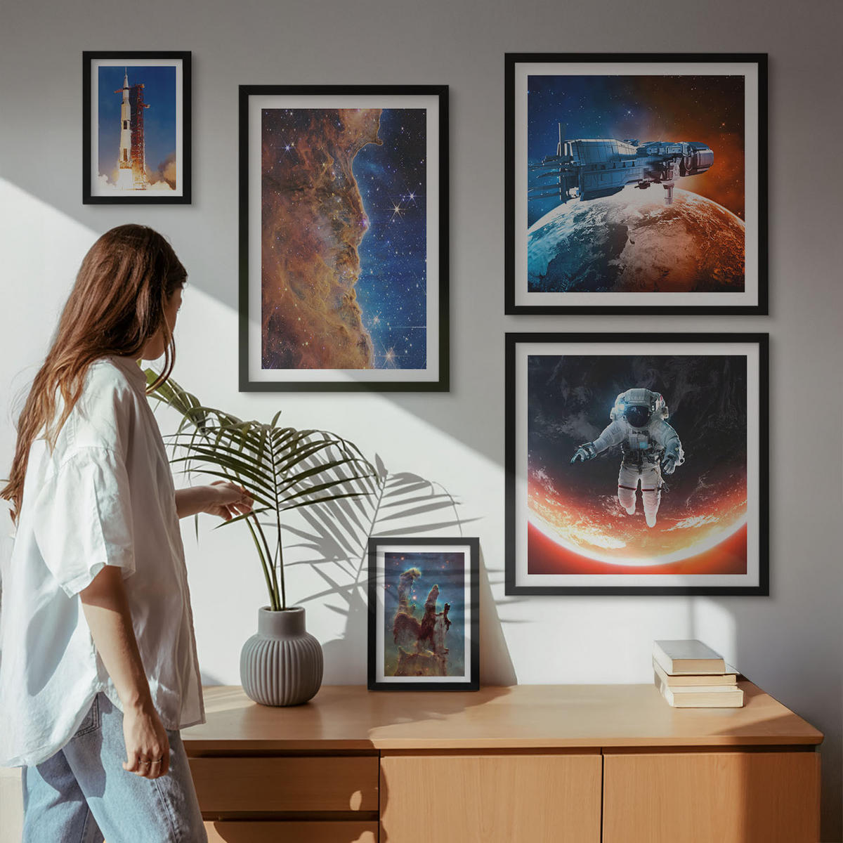 WANDBILDER 5er-Set - 50x50 cm & 20x30 cm & 40x60 cm Schwarzer Rahmen - Farbenfrohes abstraktes Porträt - Schwarz, Kunststoff (40/60cm) - ArtPrintCave
