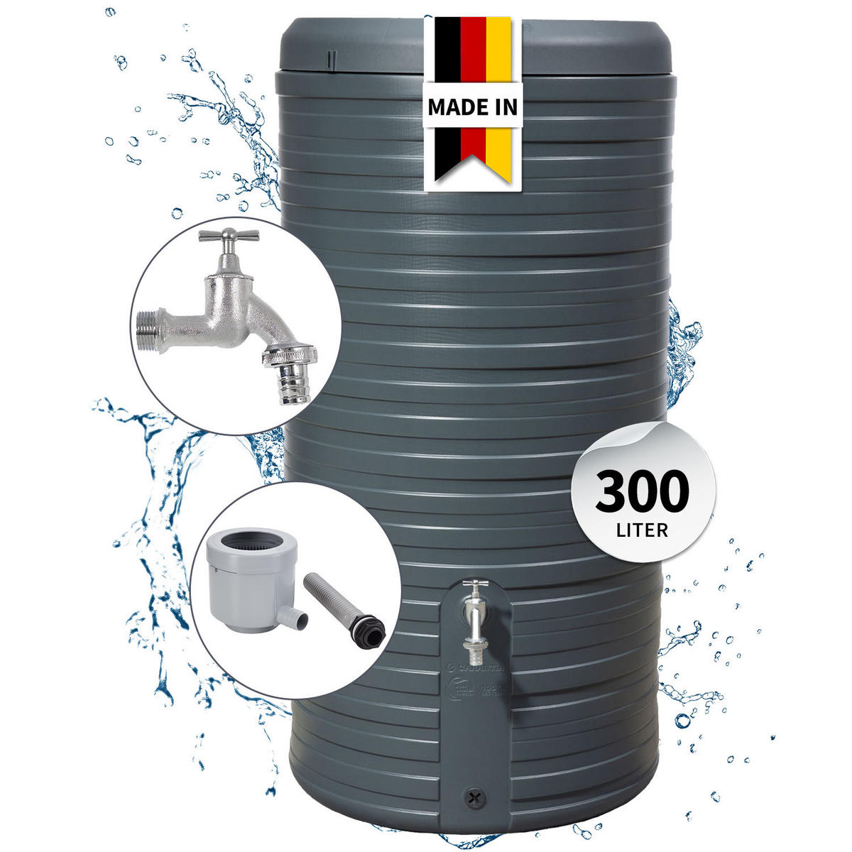 2IN1 Regentonnen Komplett-Set 300 L graphite grey inkl. Chrom-Auslaufhahn und Fallrohranschluss - Graphitfarben, Kunststoff (59/118/59cm) - GARANTIA