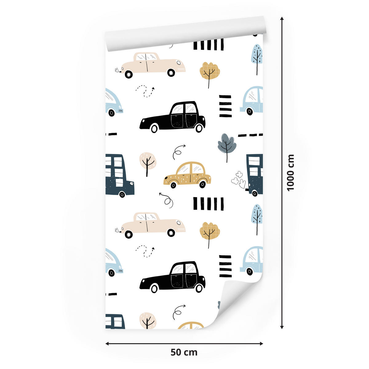 VLIESTAPETE Pastellautos und Bäume – Blau, Beige, Weiß – 50x1000 cm - Blau/Beige, Papier (50/1000cm) - Muralo