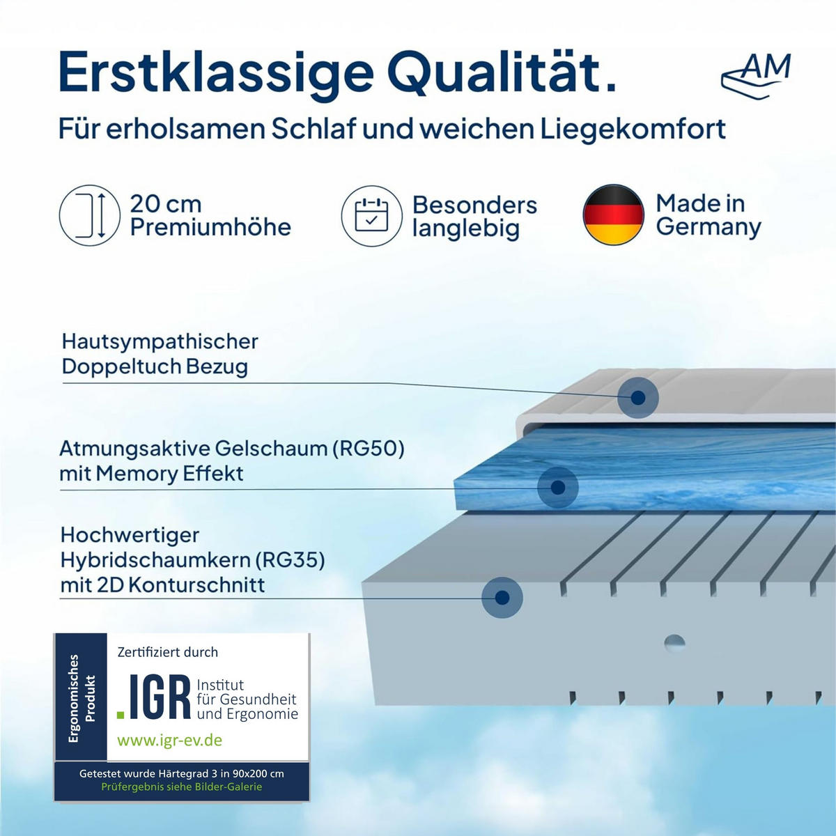 GELMATRATZE 180/200 cm H3 - 20cm Höhe & Toledo Bezug - Weiß, Textil (180/200cm) - AM Qualitätsmatratzen