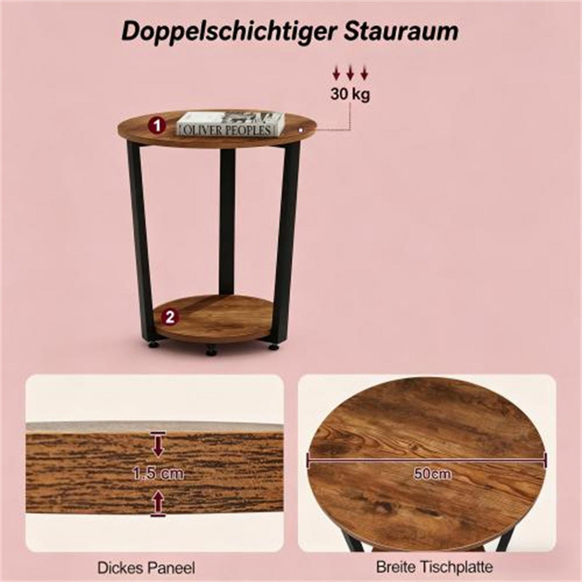 COUCHTISCH rund mit Regalen, Holz/Metall Braun, Maße 50x50x53 cm - Braun, Holz (50/55/45cm) - Blomus