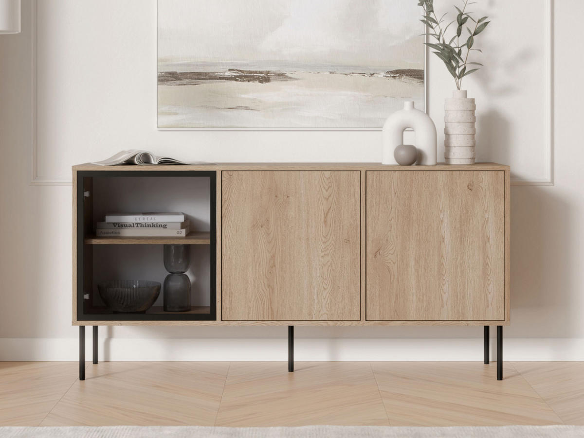 SIDEBOARD Domi 150 3D - Eichefarben/Schwarz, Holzwerkstoff/Metall (151/75/40cm) - MIRJAN24