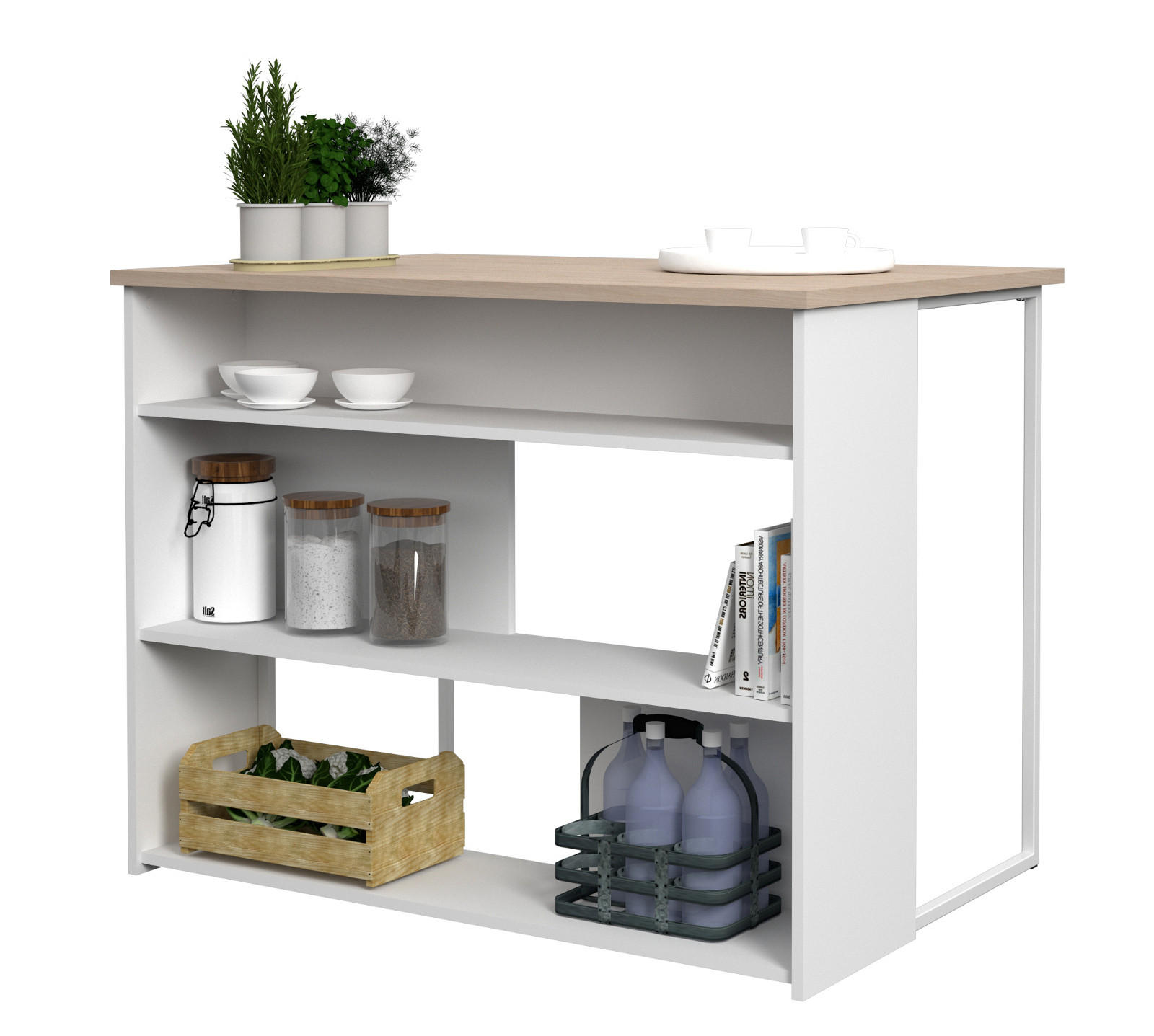 KÜCHENTHEKE weiß, Eiche 116 cm Kücheninsel 3 offene Fächer - Eichefarben/Weiß, Holzwerkstoff/Metall (116/90/80cm) - Parisot Meuble