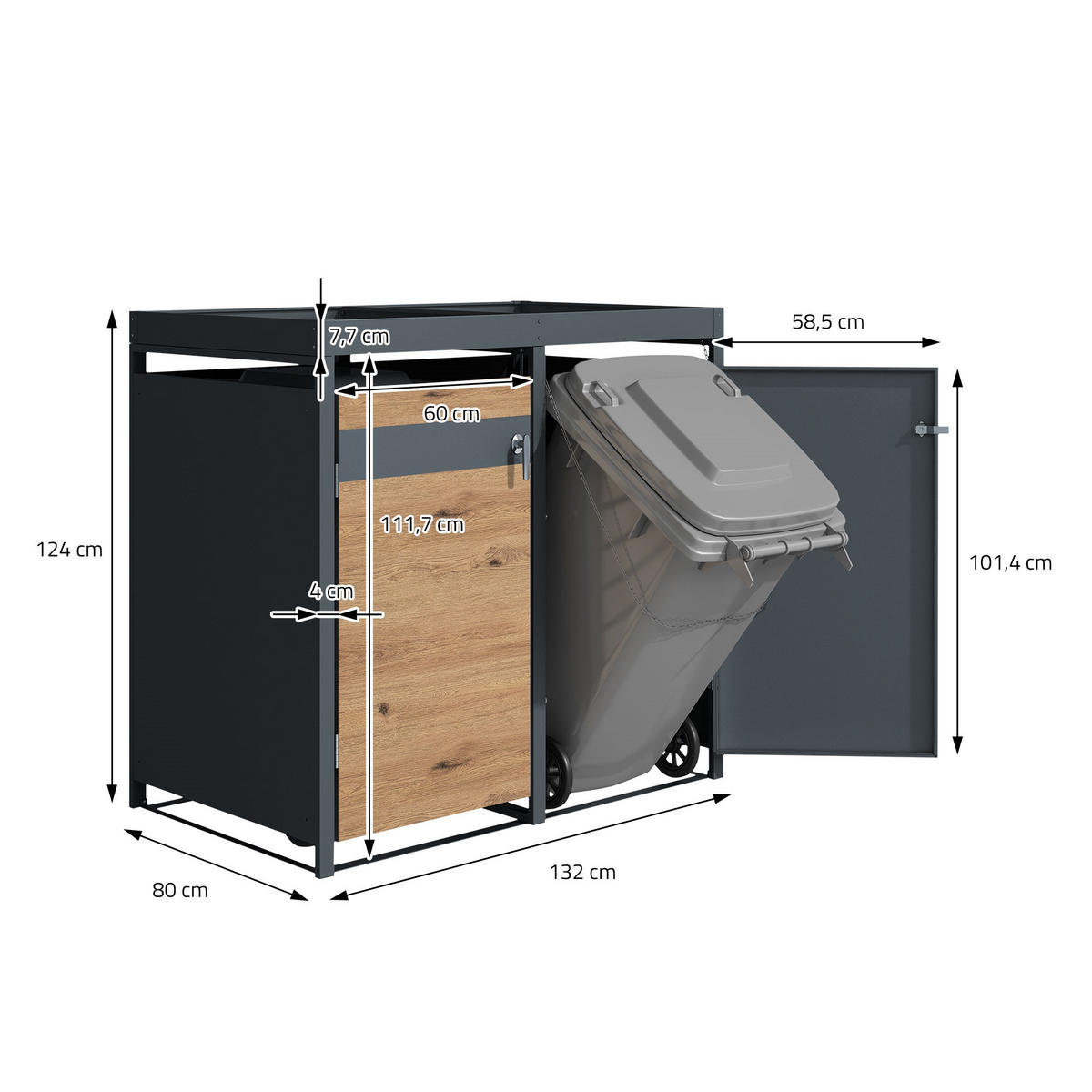 MÜLLTONNENBOX 4er mit Pflanzdach Anthrazit-Eichenoptik - Braun, Metall (80/124/264cm) - ML-DESIGN