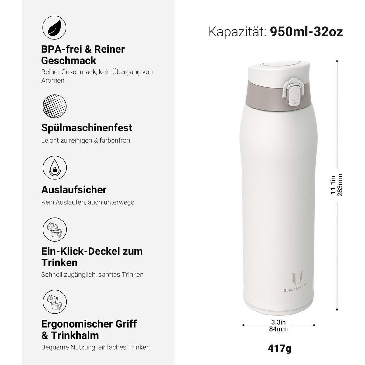 TRINKFLASCHE Edelstahl 950 ml Beige - Beige, Metall (8/8cm)