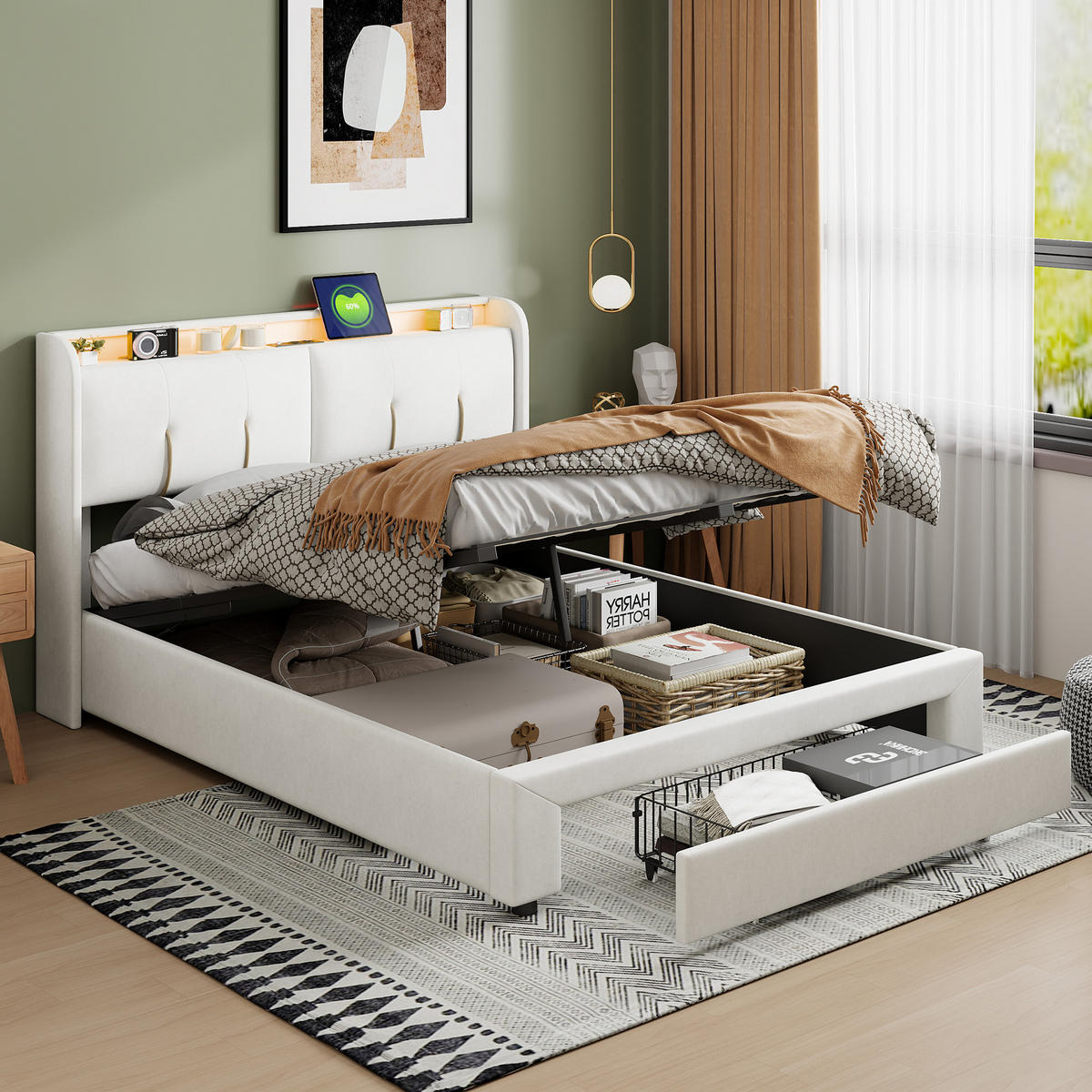 POLSTERBETT 140x200 cm Creme LED USB Schublade Kopfteil - Beige, Holz (140/200cm) - SHOPENTRA