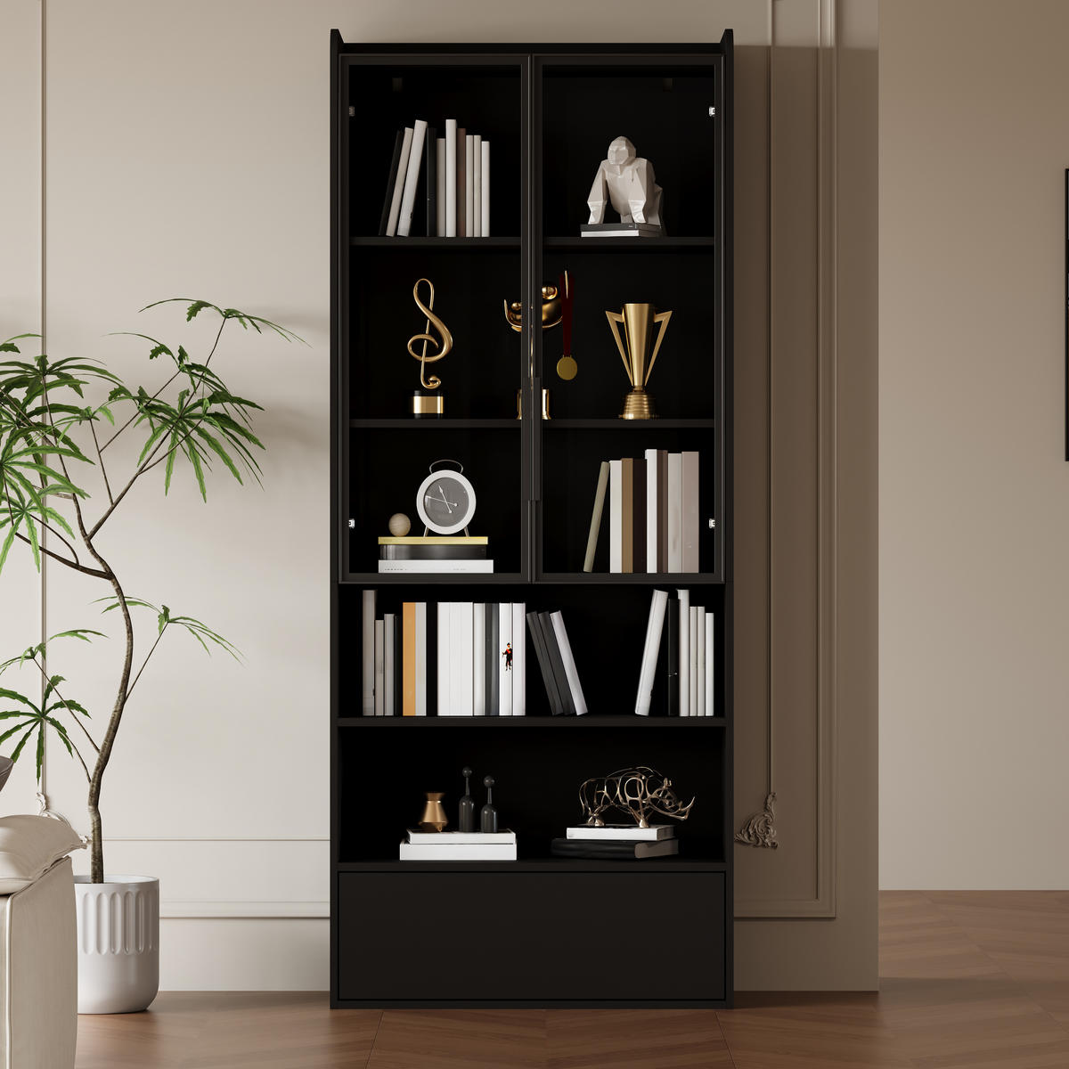 VITRINE schwarz mit Glastüren, einer Schublade und App-gesteuerter LED-Beleuchtung 80 × 34 × 180 cm aus MDF und Glas - Schwarz, Holzwerkstoff (80/180/34cm) - Luhomfu