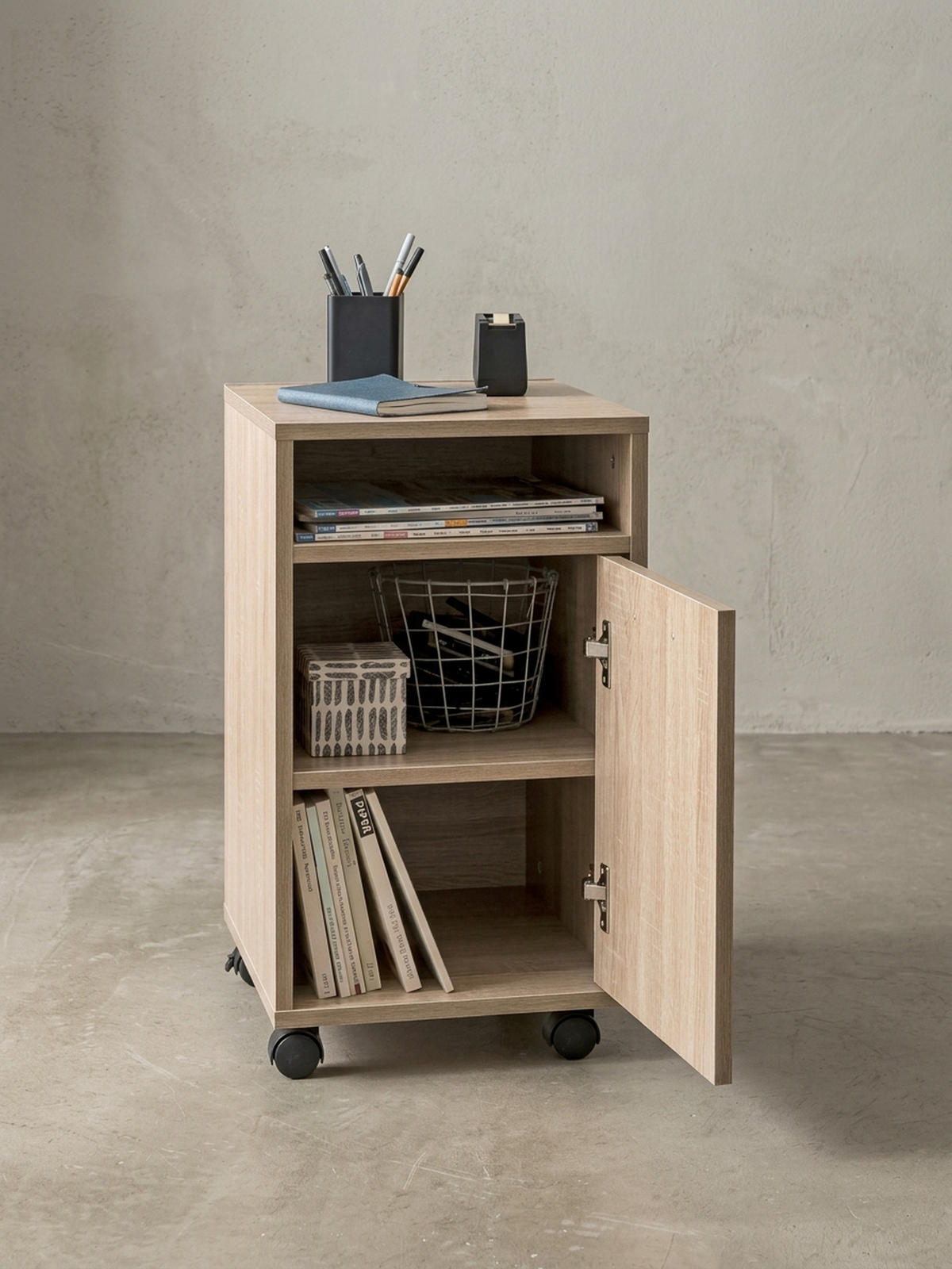 ROLLCONTAINER 2 Türfächer Ablage Rollen Mit Bremsen OSSOLA, Beige 33x38x60 cm - Beige/Schwarz, Holz/Kunststoff (33/60/38cm) - KADIMA DESIGN
