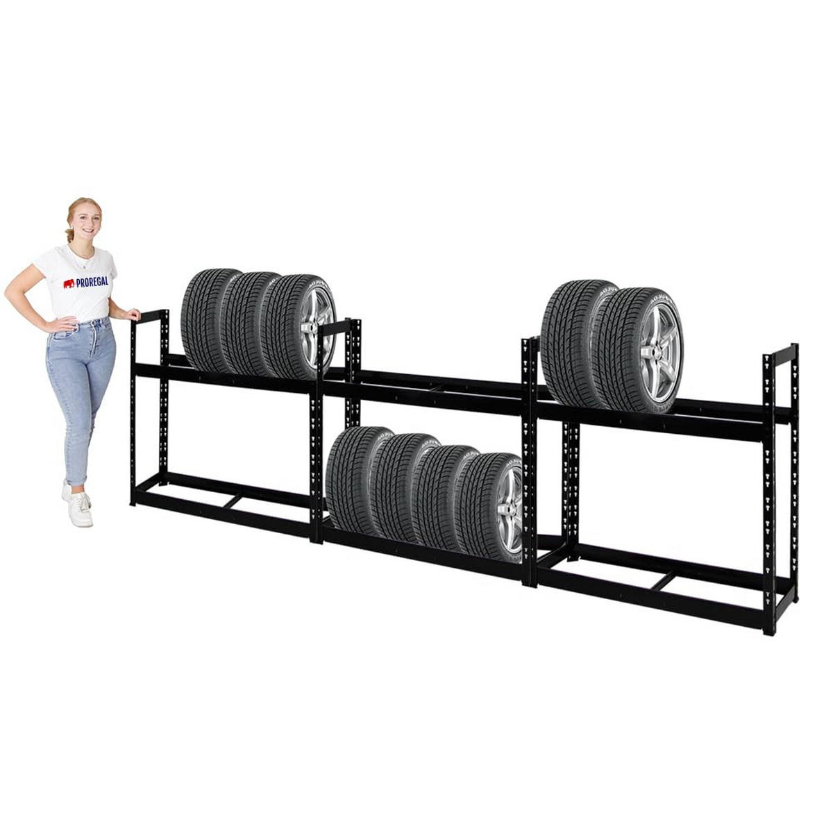 REIFENREGAL Tiger 3er-Set mit 3x 100x110x35 cm 150 kg Fachlast bis zu 24 Reifen mit Ebenen Schwarz - Schwarz, Metall (330/100/35cm) - PROREGAL