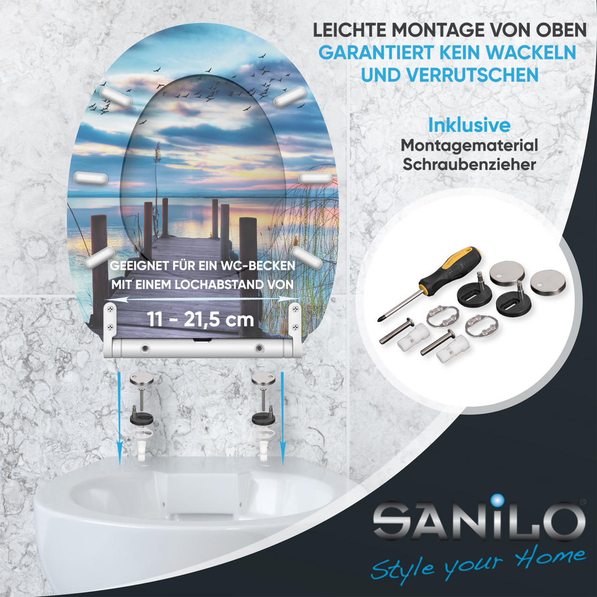 WC-SITZ mit Absenkautomatik & Top Fix Sunset - Blau, Holzwerkstoff (37.7/5.5/48cm) - Sanilo