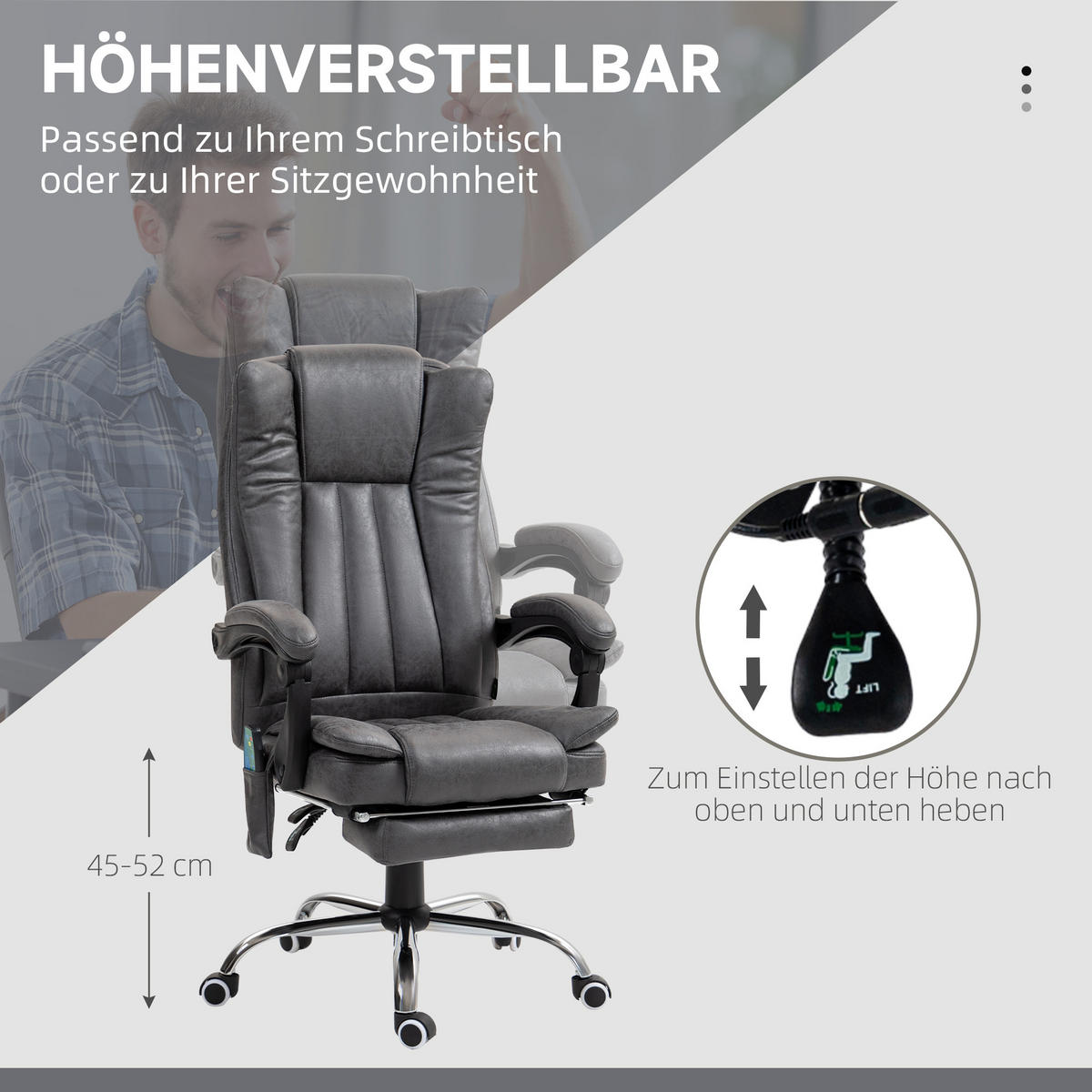 BÜROSTUHL mit Vibrationsmassage, Ergonomisch Schreibtischstuhl mit Liegefunktion - Grau, Kunststoff (70/120/62cm) - Vinsetto