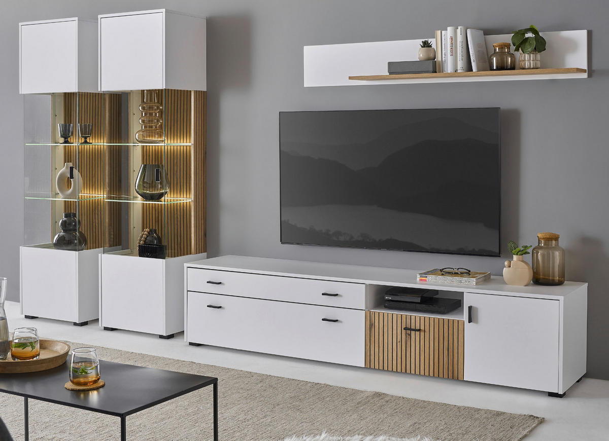 WOHNWAND 4-teilig matt weiß, Eiche 316 x 180 cm, Wohnkombination mit 2 x Vitrine und Soft-Close - Eichefarben/Schwarz, Glas/Holzwerkstoff (316/180/42cm) - Furn.Design