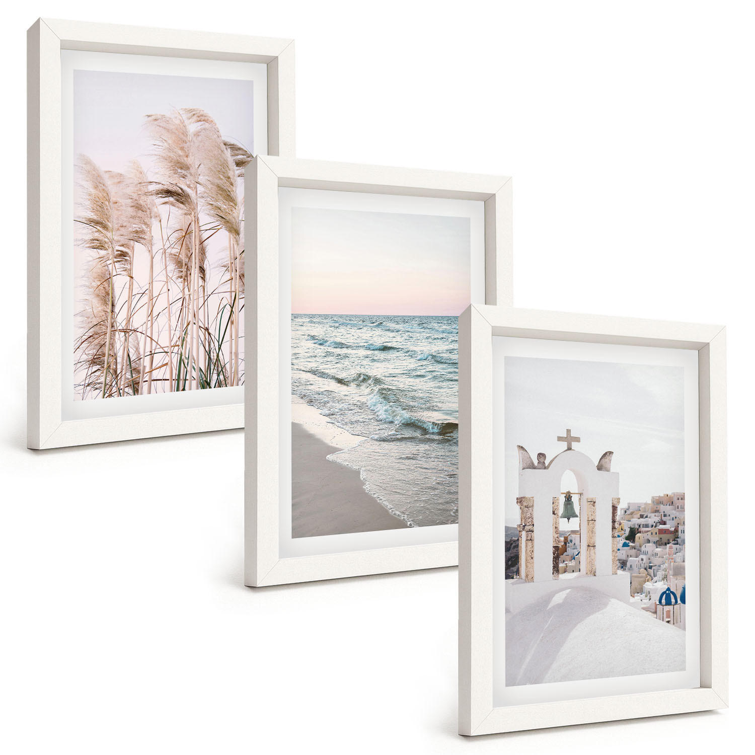 BILDER SET 3er Set - 20x30 cm Weißer Rahmen - Pflanzen, Meereswellen, Aussicht, Häuser - Weiß, Kunststoff (20/30cm) - TULUP
