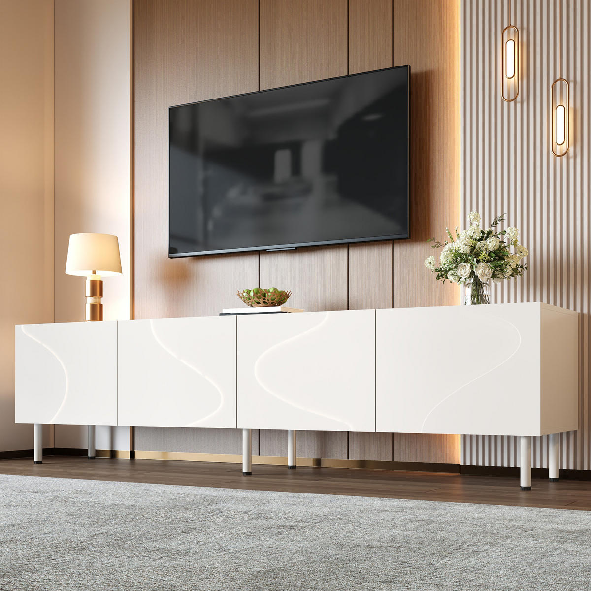TV-LOWBOARD 170 x 35 x 50 cm, 4 Push-to-Open-Türen, 3D-Wellenfront, Metallfüße, Weiß - Weiß, Holzwerkstoff (170/50/35cm)