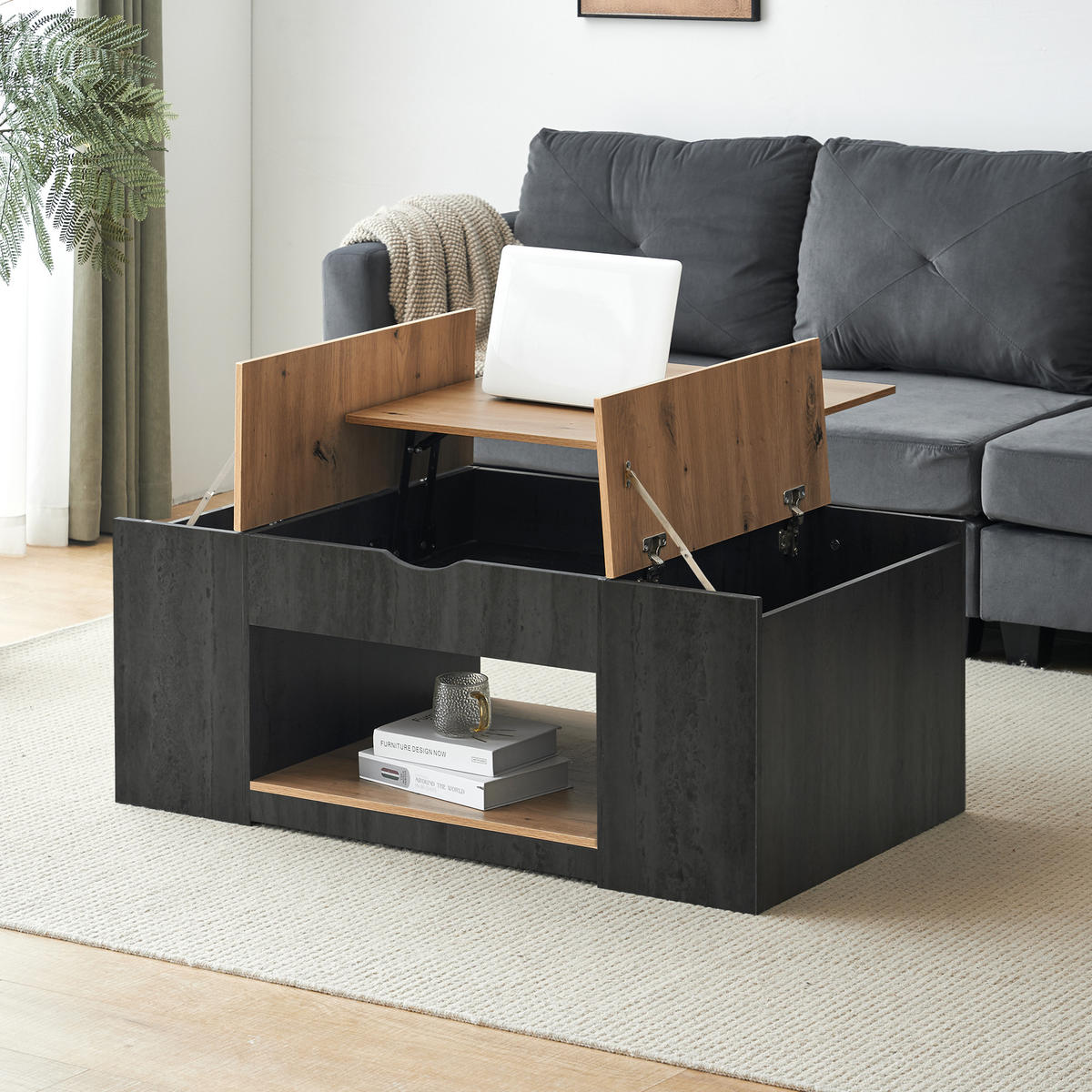 COUCHTISCH, höhenverstellbar mit Stauraum, MDF-Holzmaserung, grauer Korpus, 109,5/59,7/43 cm,Grau - Grau, Holzwerkstoff (59.7/109.5/57.4cm) - Redom