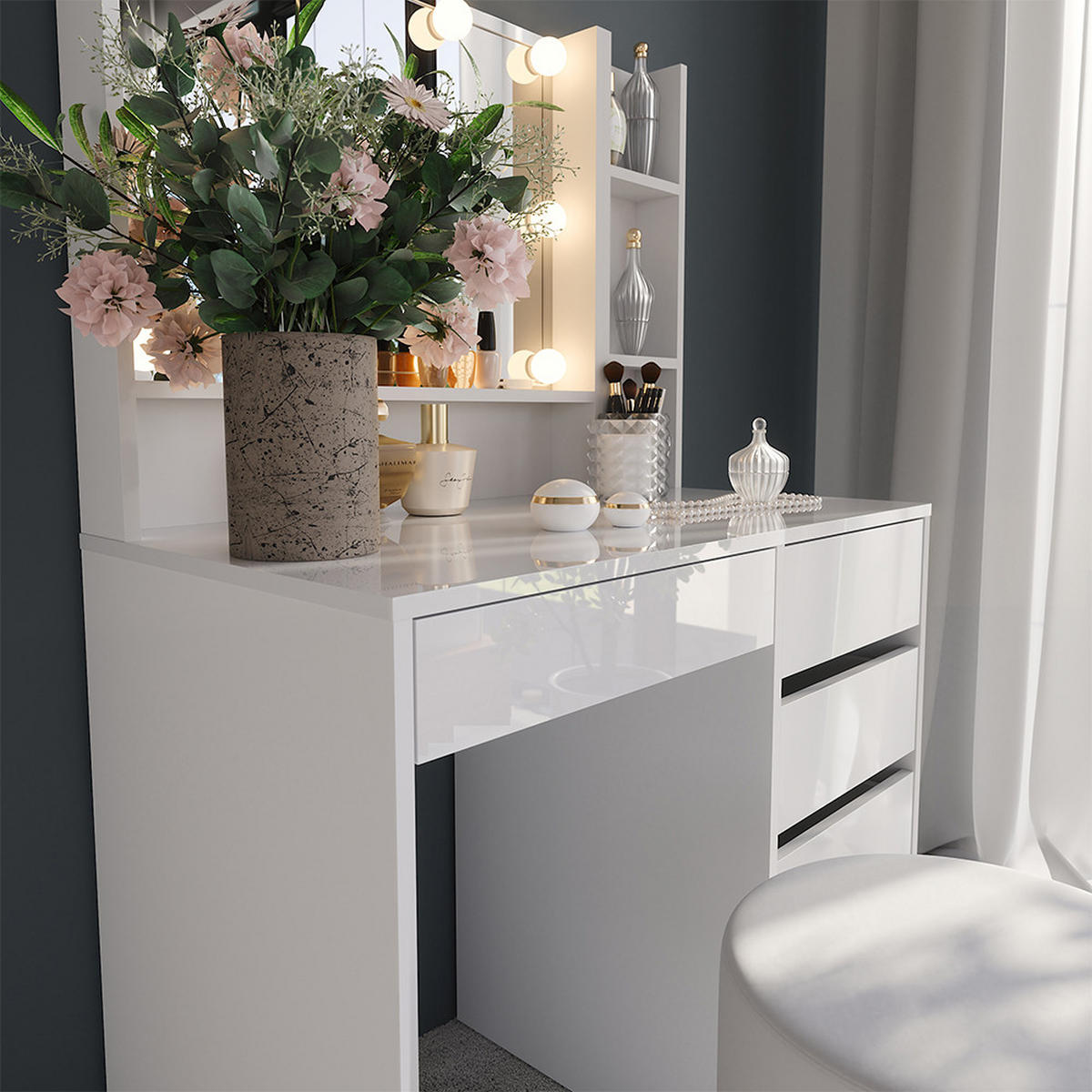 SCHMINKTISCH Sherry Weiß/Weiß Hochglanz 89.8 cm 5 Teile - Weiß Hochglanz, Holzwerkstoff (50.1cm) - Vicco