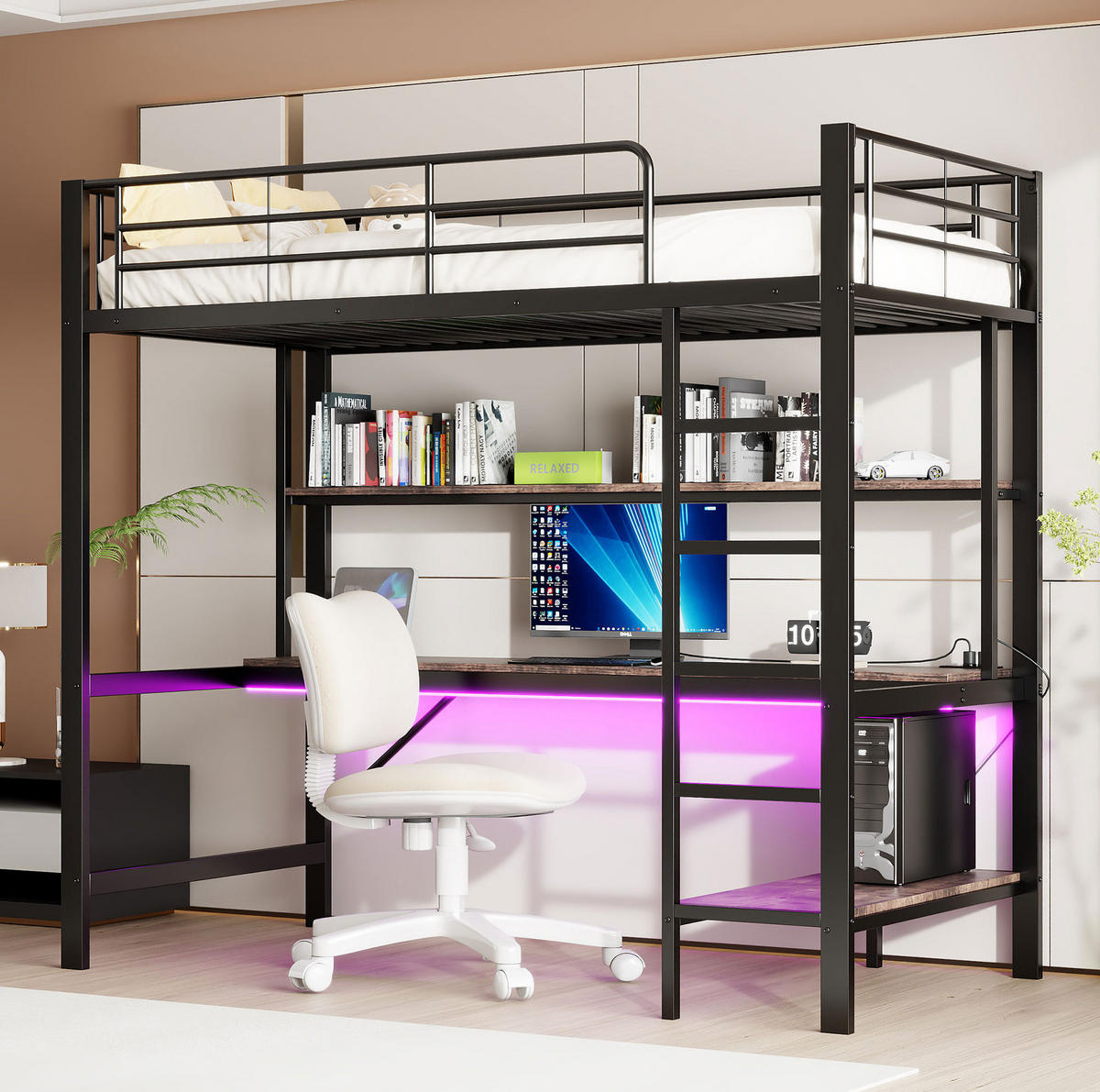 HOCHBETT 90/200 cm in Schwarz mit Schreibtisch, Regal, Steckdose und LED-Beleuchtung - Schwarz, Metall (90/200cm) - Flora Grace