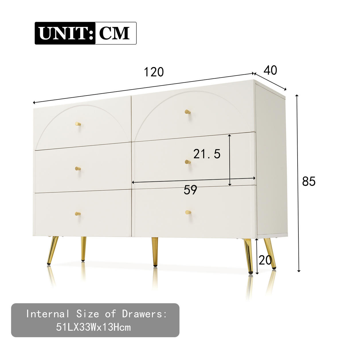 KOMMODE aus Spanplatte und Metall 120x40x85 cm Creme-Weiß mit 6 Schubladen - Weiß, Holzwerkstoff (40/85/120cm) - IVMEU