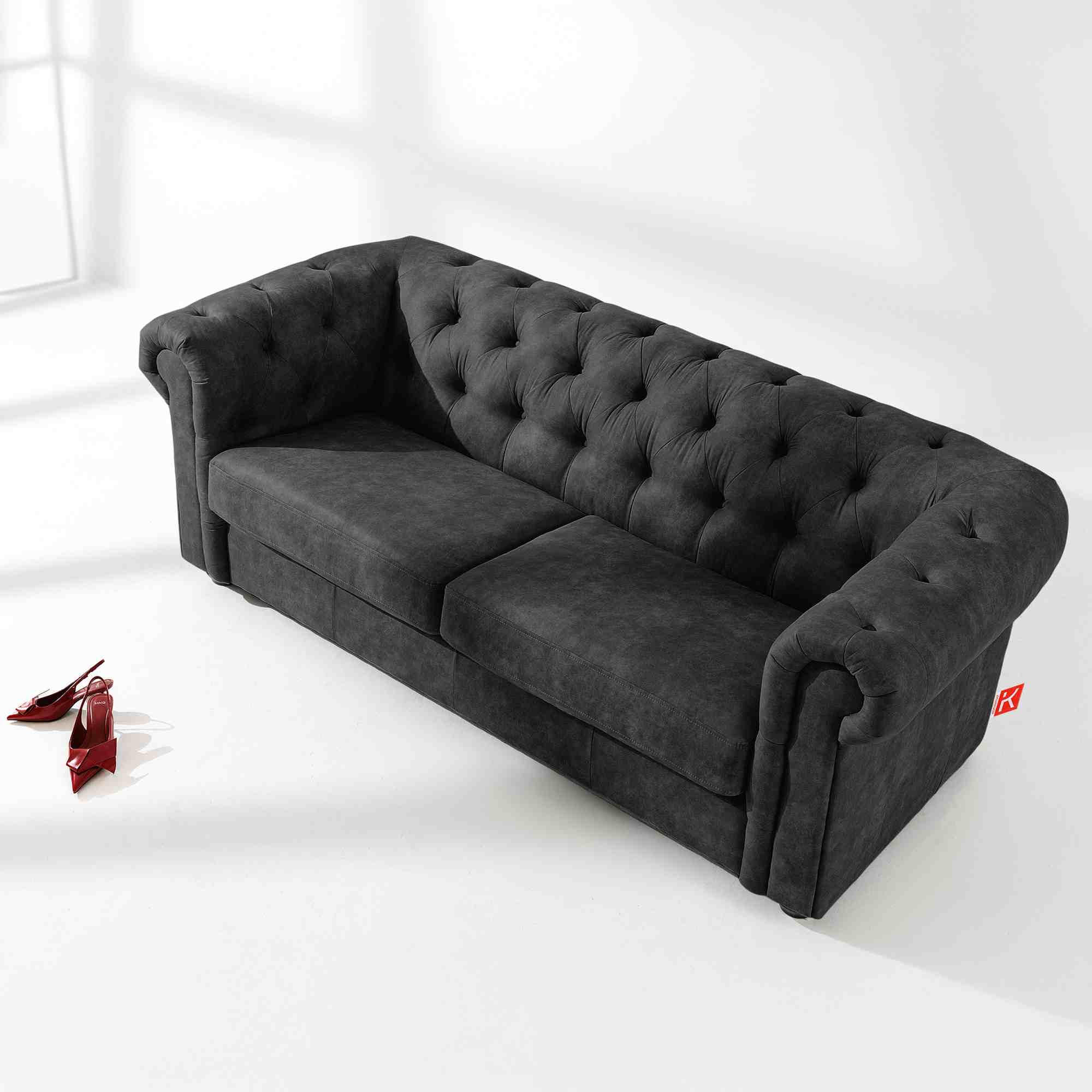 3-SITZER-SOFA GRAVO Chesterfield, Kunstleder - Wengefarben/Anthrazit, Leder/Holz (202/72/95cm) - KONSIMO®