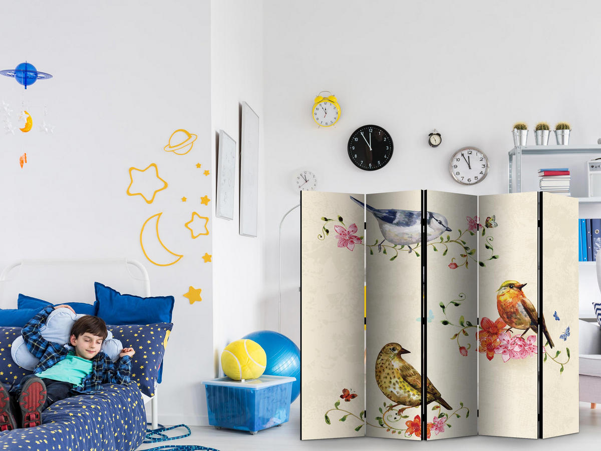 PARAVENT Einseitig Bedruckter 5-tlg 225x172 cm Vögel Blumen - Multicolor, Holz/Textil (225/172/3cm) - Muralo