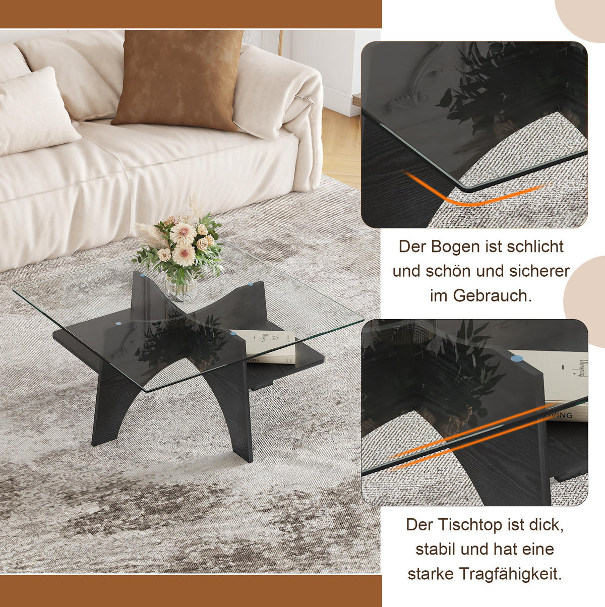 COUCHTISCH 80/80/40 cm Schwarz mit Sicherheitsglasplatte und Ablagefach aus MDF - Schwarz, Holzwerkstoff (80/80/40cm) - OKWISH