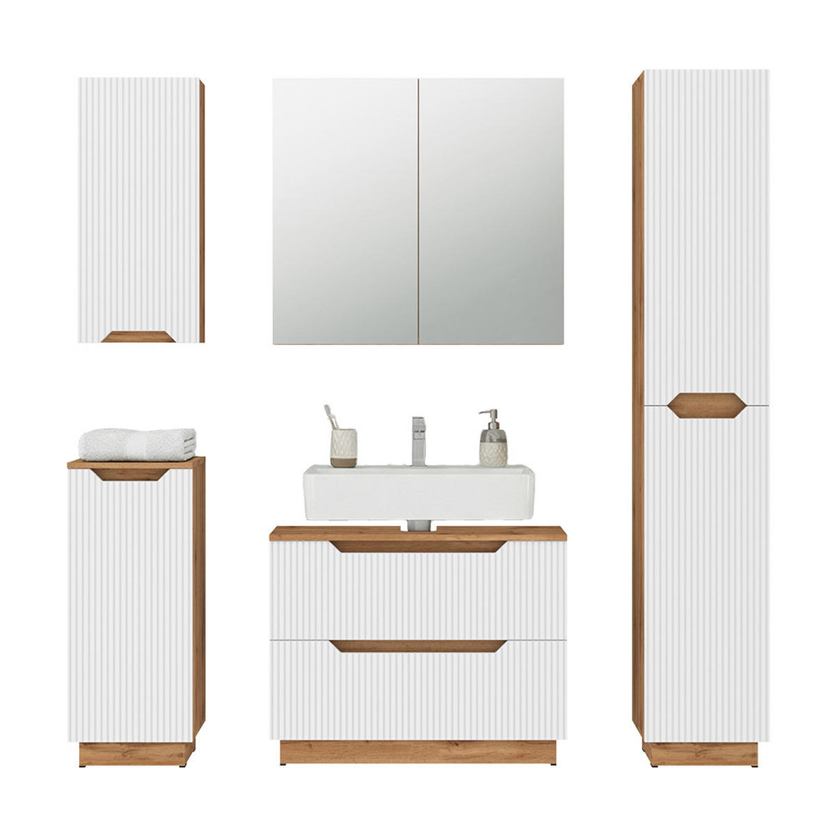 BADMÖBEL-SET Lotta Eiche/weiß gestreift 5 Teile - Weiß, Holzwerkstoff (79.6/62.1/32cm) - Vicco