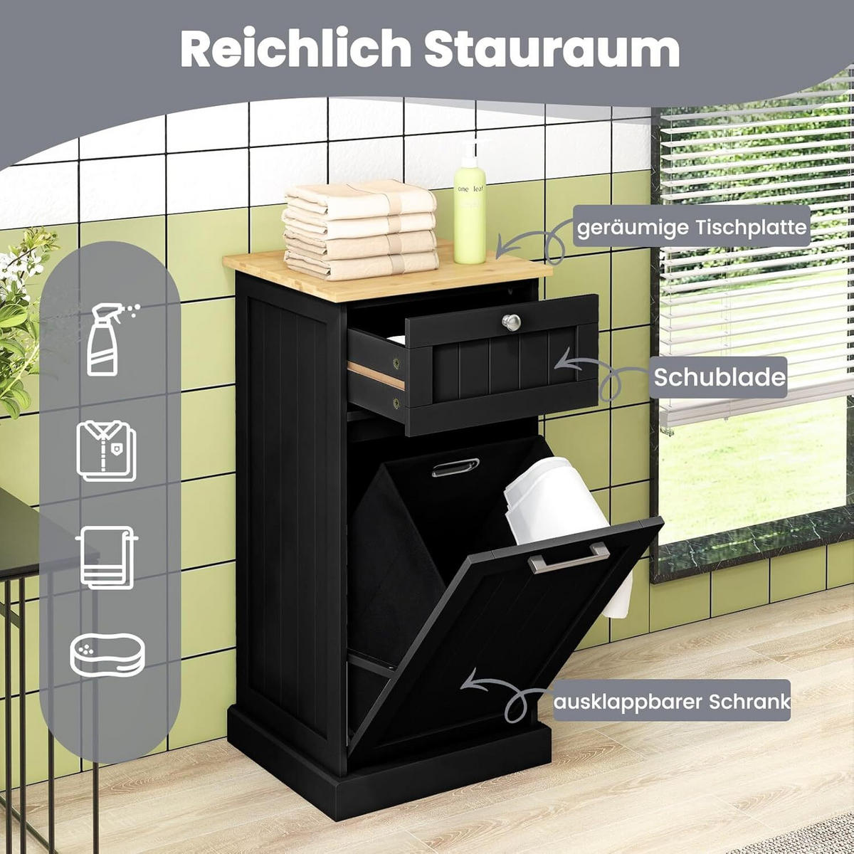 WÄSCHESCHRANK mit Wäschekorb Schwarz - Schwarz, Holzwerkstoff (40/82/37cm) - COSTWAY
