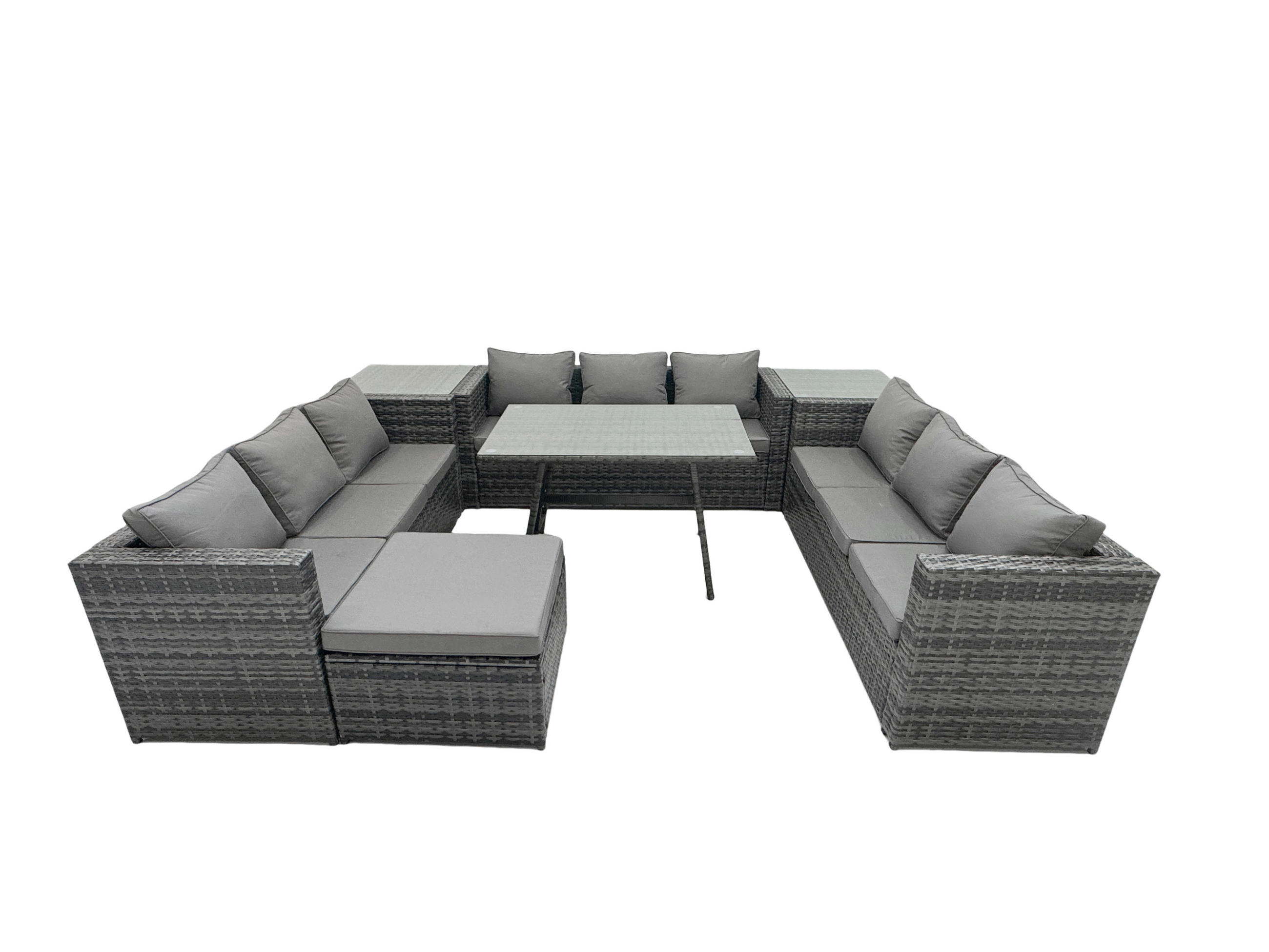 GARTENMÖBEL SET PE Polyrattan 10-Sitzer Grau - Dunkelgrau/Grau, Glas/Kunststoff - Fimous