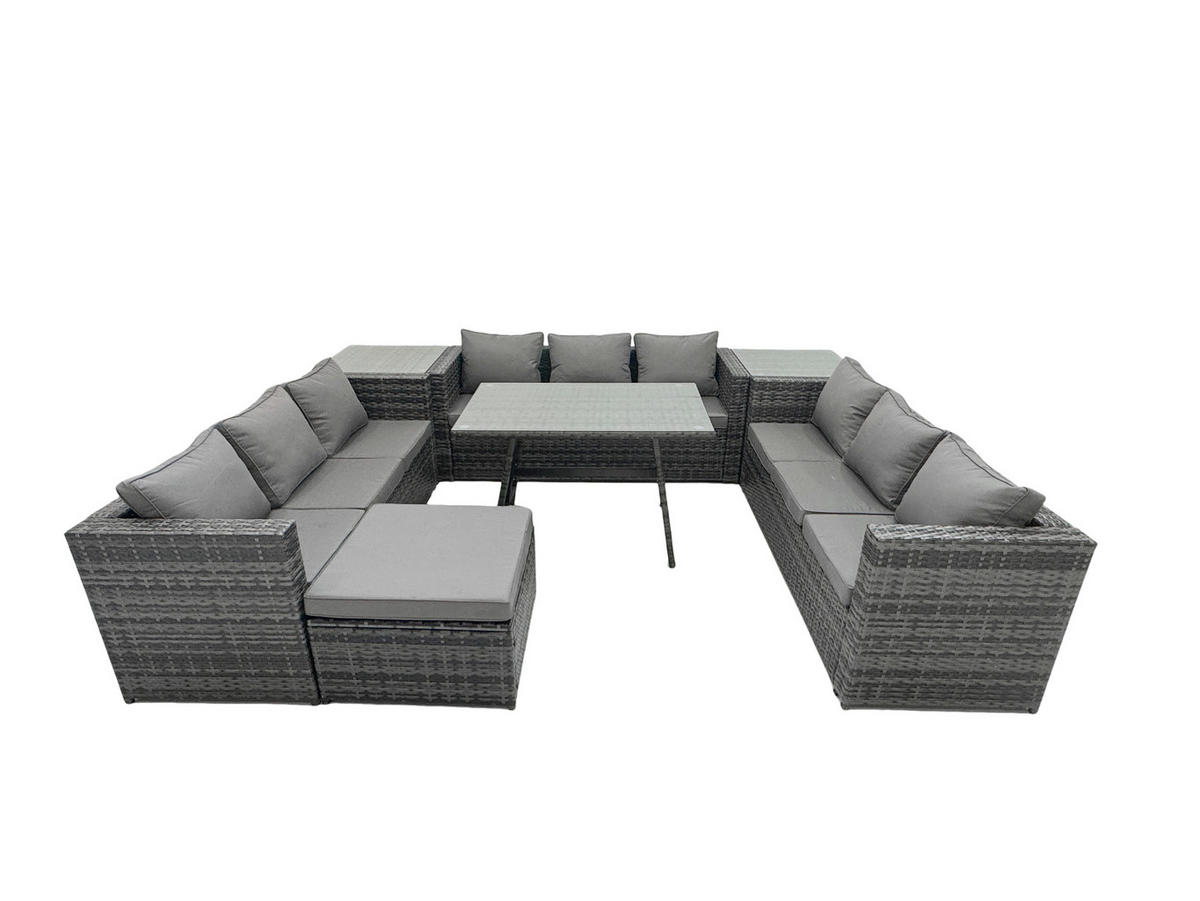 GARTENMÖBEL SET PE Polyrattan 10-Sitzer Grau - Dunkelgrau/Grau, Glas/Kunststoff - Fimous