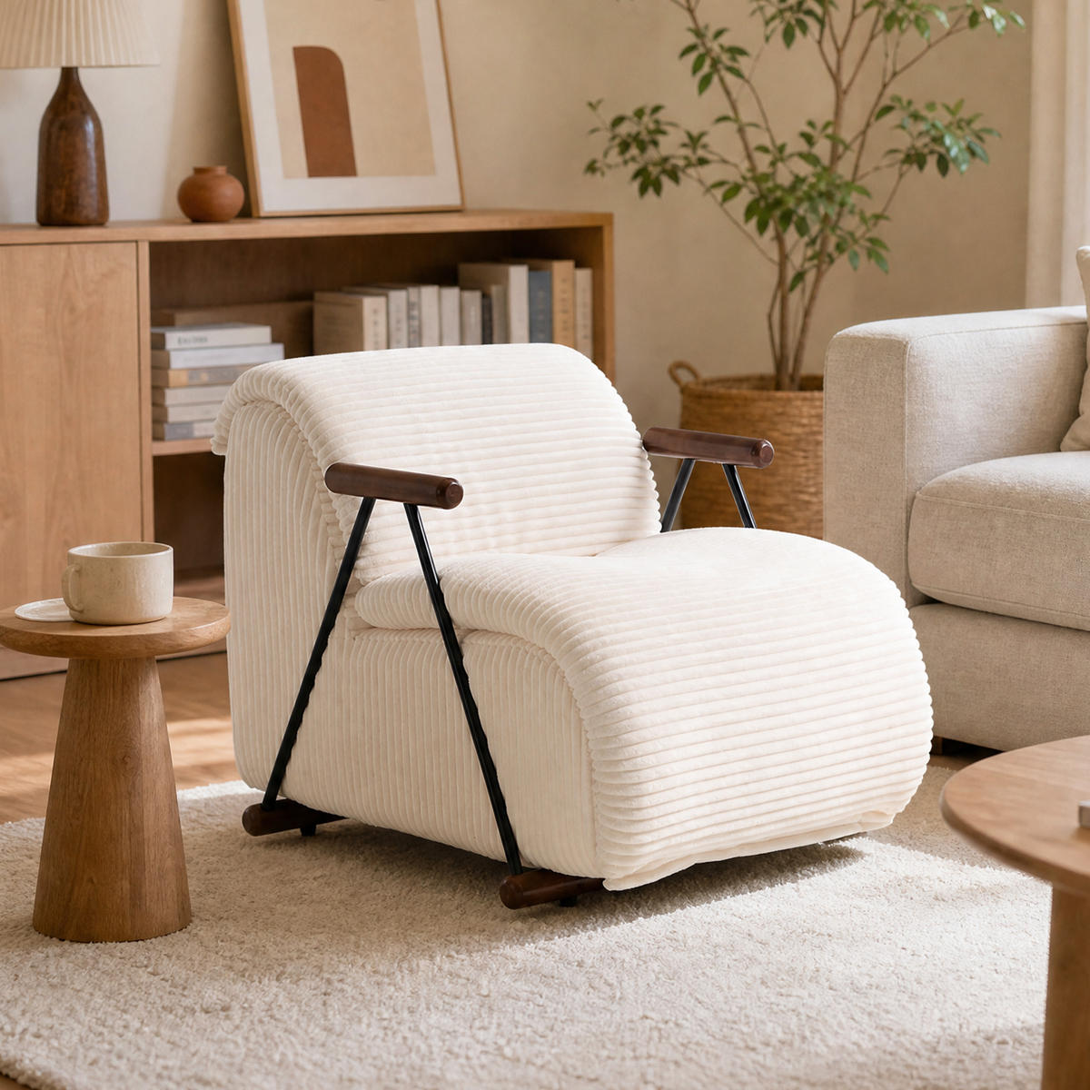 XXL-SESSEL mit Armlehnen, Cord Loungesessel, Ergonomisch, Beige - Beige, Textil/Metall (71/75/100cm) - LVHOM