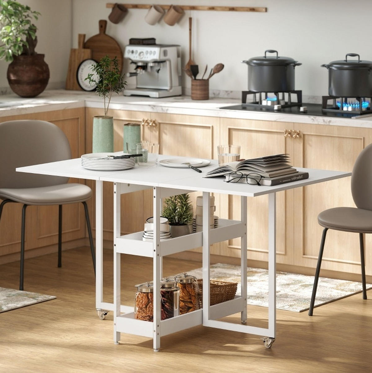 KLAPPTISCH 133,4/80/75 cm in Weiß – platzsparend mit Ablagen und Rollen - Weiß, Holz (133.4/80/75cm) - BEAOK