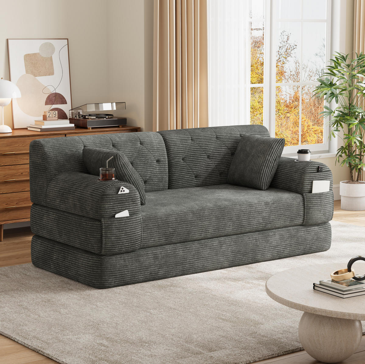 SCHLAFSOFA 2-Sitzer mit Schlaffunktion 168 x 80 cm Cord Dunkelgrau - Dunkelgrau, Kunststoff (80/81/168cm) - Meubliv