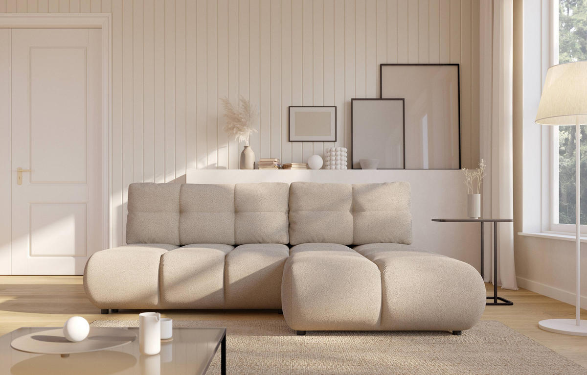 ECKSOFA CORSO R-S Beige Boucle-Stoff mit Schlaffunktion - Sandfarben, Holz (230/177cm) - MASSENO