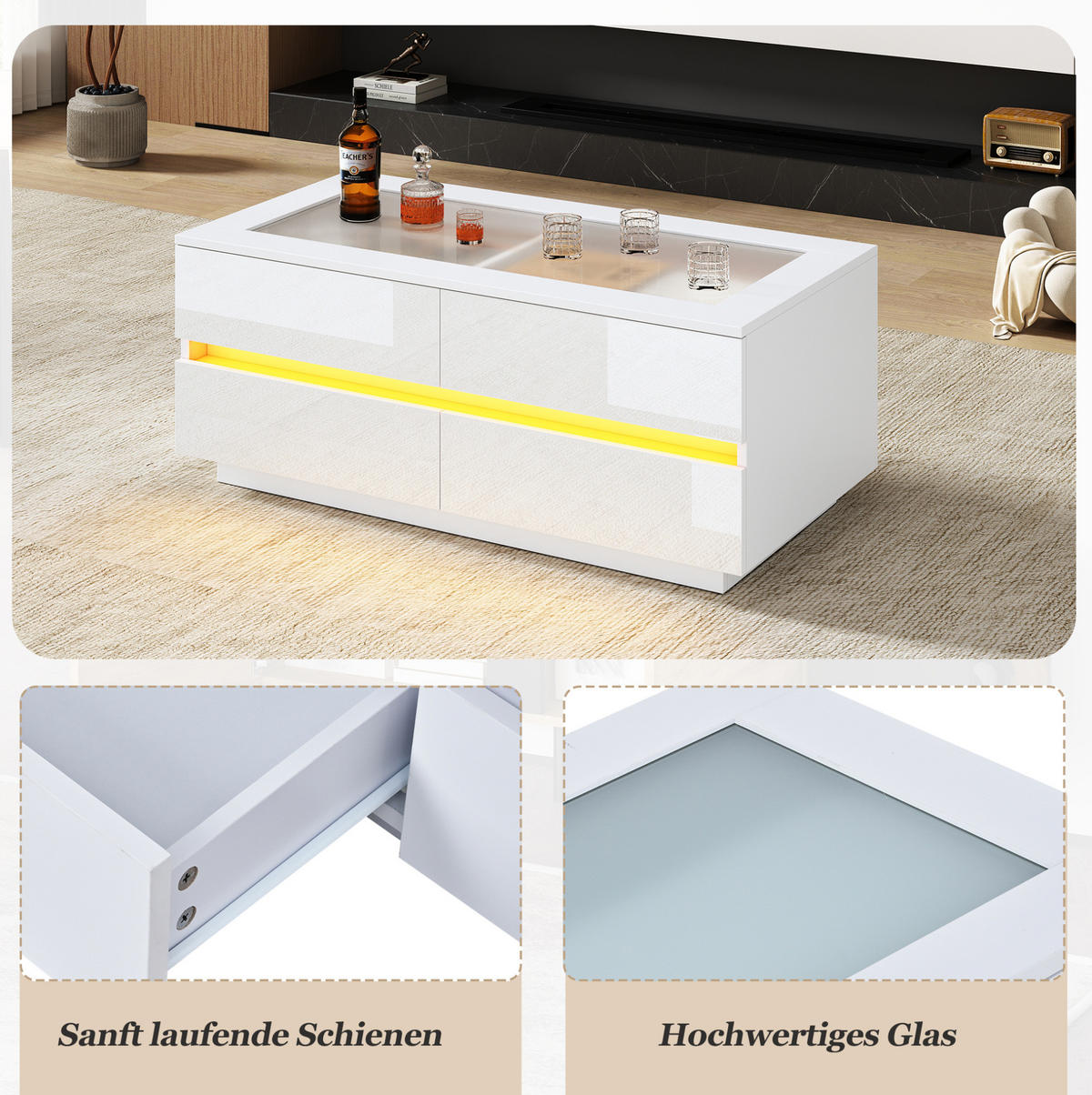 COUCHTISCH 100/50/40 cm weiß aus Spanplatte mit Glasplatte, 4 Schubladen und LED - Weiß, Holzwerkstoff (50/100/40cm) - OKWISH