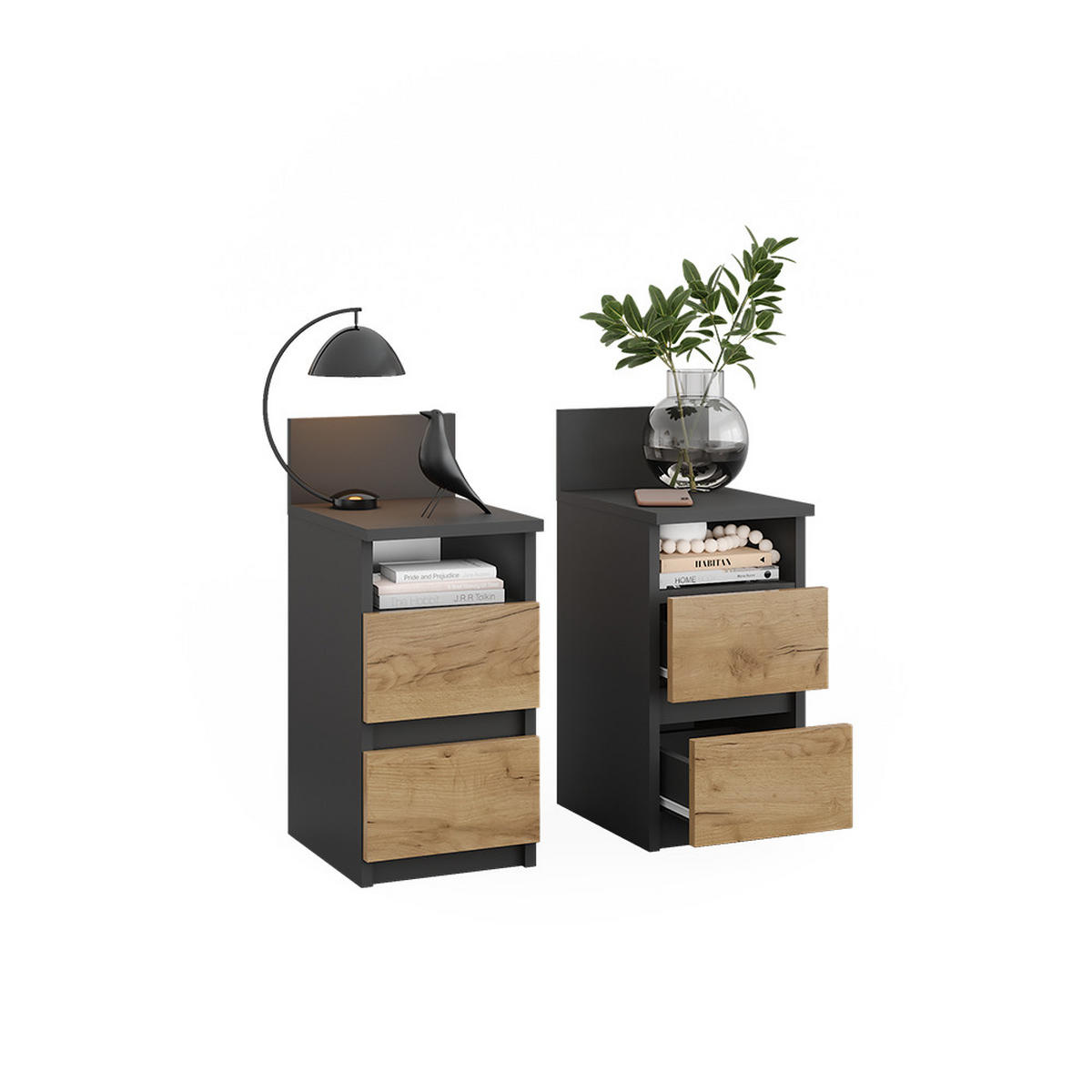 NACHTTISCH Monty Anthrazit/Goldkraft Eiche 25 x 59.1 cm 2er Set - Anthrazit/Eiche Wotan, Holzwerkstoff (25/59.1/32.3cm) - Vicco