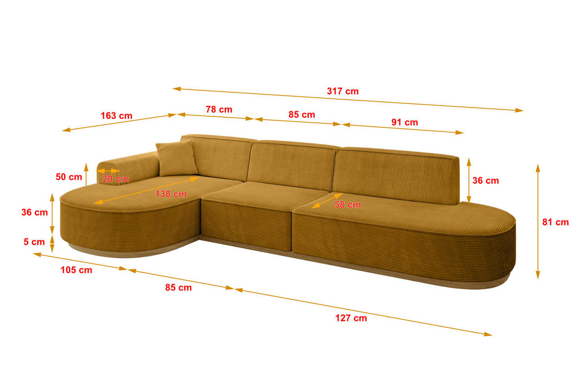 ECKSOFA Ottomane Links MARI-L2-v2 - 328x171x83 cm Senfgelb Cord - Gelb, Holzwerkstoff/Textil (328/171cm) - ALTDECOR