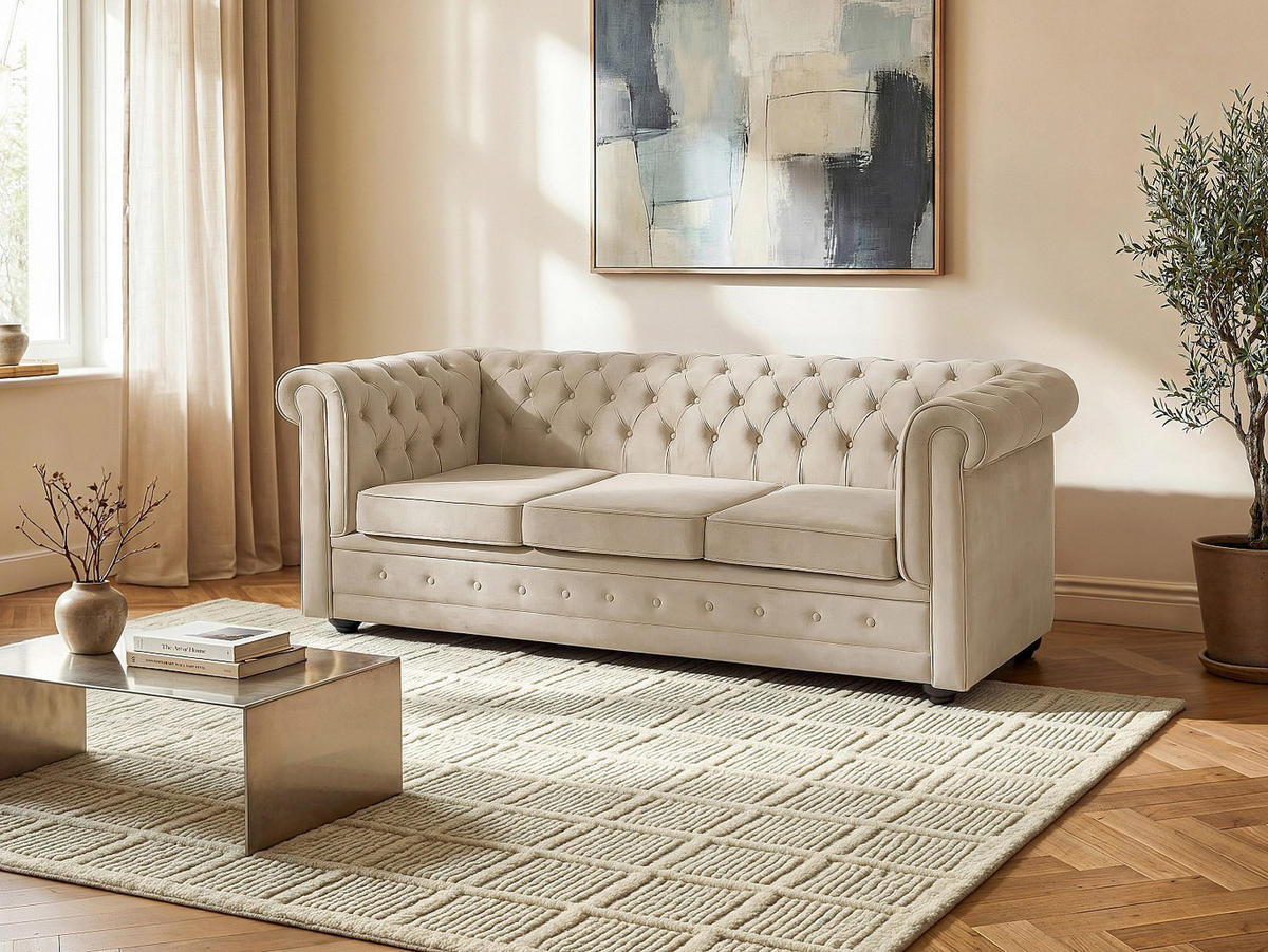 SCHLAFSOFA - 3 Personen - Samt - Beige - - Beige, Textil (208/85/89cm) - Vente-Unique