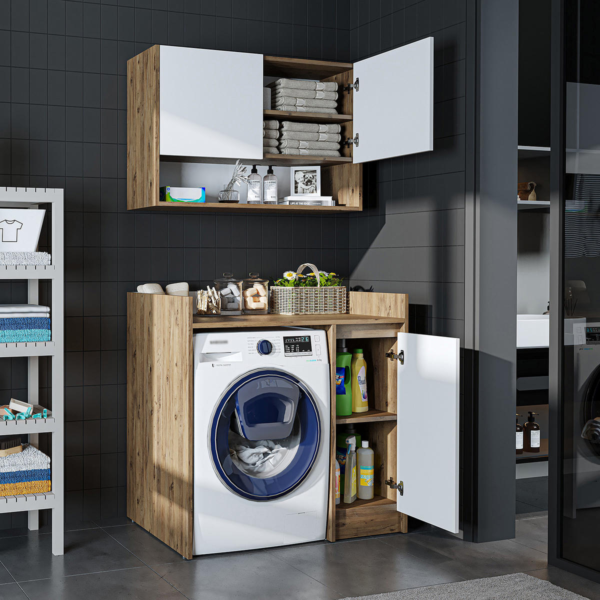 WASCHMASCHINENSCHRANK DERIN-II 100cm Breit, 189cm Hoch - Eiche Bianco, Holzwerkstoff (100/189/60cm)