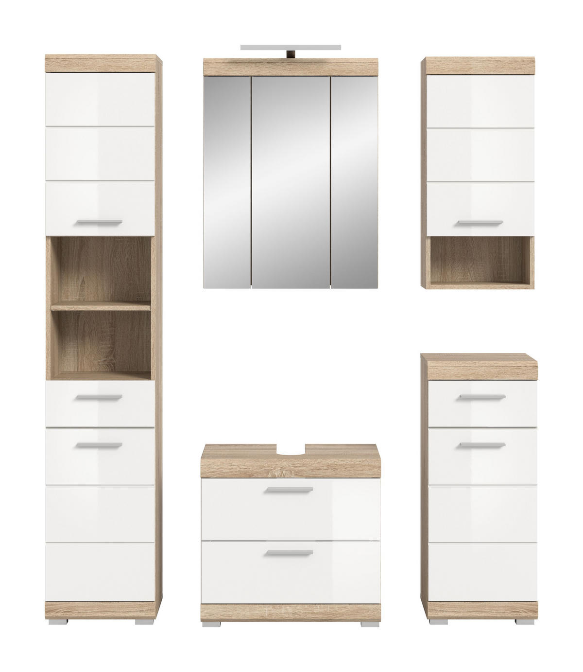 BADKOMBINATION 5tlg. Lambada Bad in Sonoma Eiche hell und weiß hochglanz B/H/T: 164x191x34 cm - Sonoma Eiche, Holz (164/191/37cm)