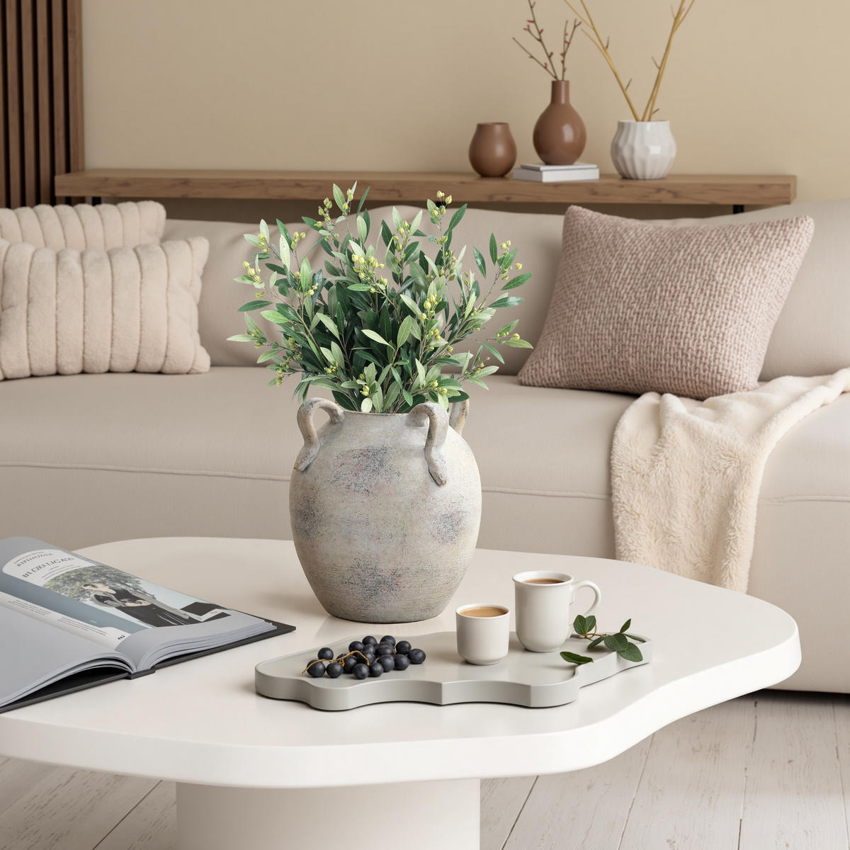 TERRAKOTTA-VASE mit Vierfach-Henkeln 20.8/23cm, Grauweiß - Weiß, Keramik (23cm) - Hometopia