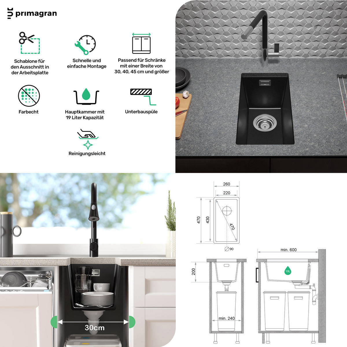 UNTERBAUSPÜLE GRANIT London, 2-er set Schwarz 26/47 cm 1 Becken + Ablauf-Set ab 30er Unterschrank - Chromfarben/Schwarz, Kunststoff (26/20/47cm) - Primagran