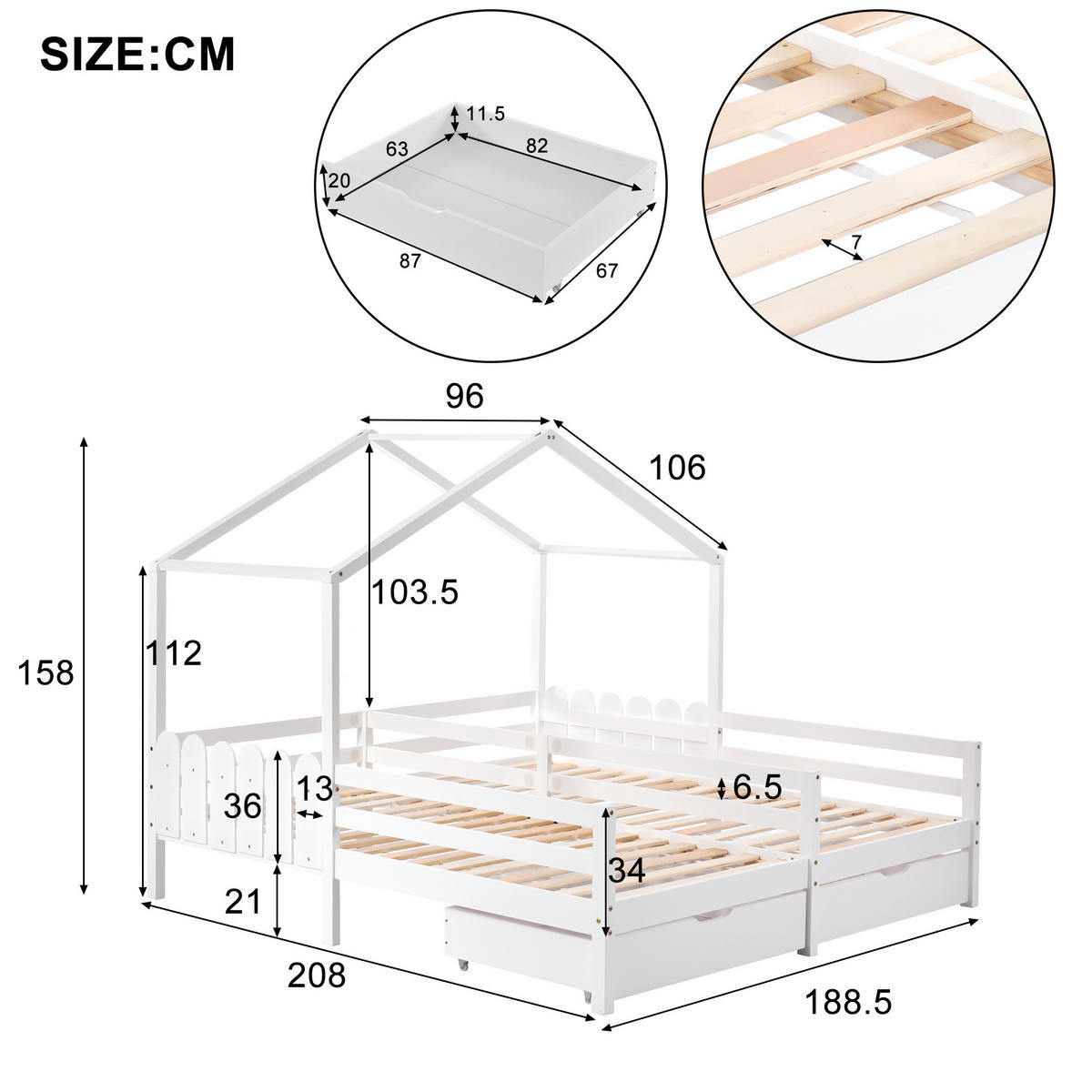 HAUSBETT 90/200 cm Weiß mit 2 MDF-Schubladen und Gitterzaun - Weiß, Holz (90/200cm) - OKWISH