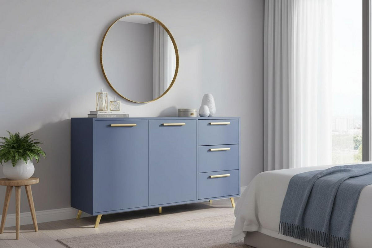 KOMMODE Nancy mit 3 Schubladen und 2 Türen, Sideboard in Farbe: Blau, Schrank in Größe: 140 x 86 x 41 cm - Blau, Holzwerkstoff (140/86/41cm) - Agmat-Furniture