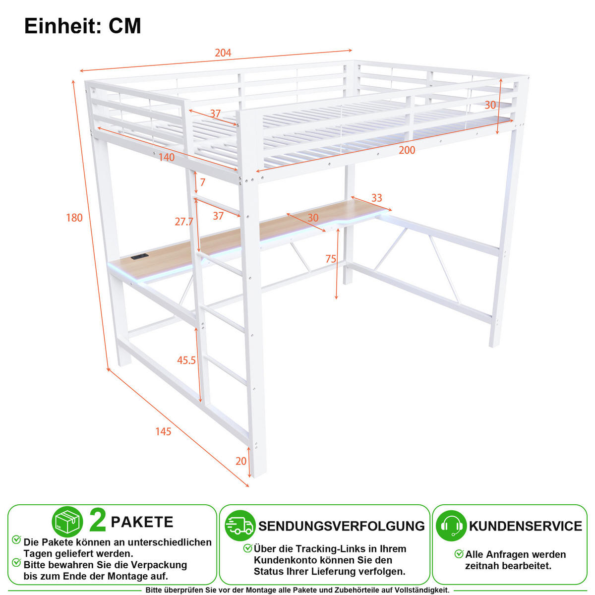 HOCHBETT 140/200 cm in Weiß mit LED, USB und Schreibtisch - Weiß, Metall (140/200cm) - CHICFURN