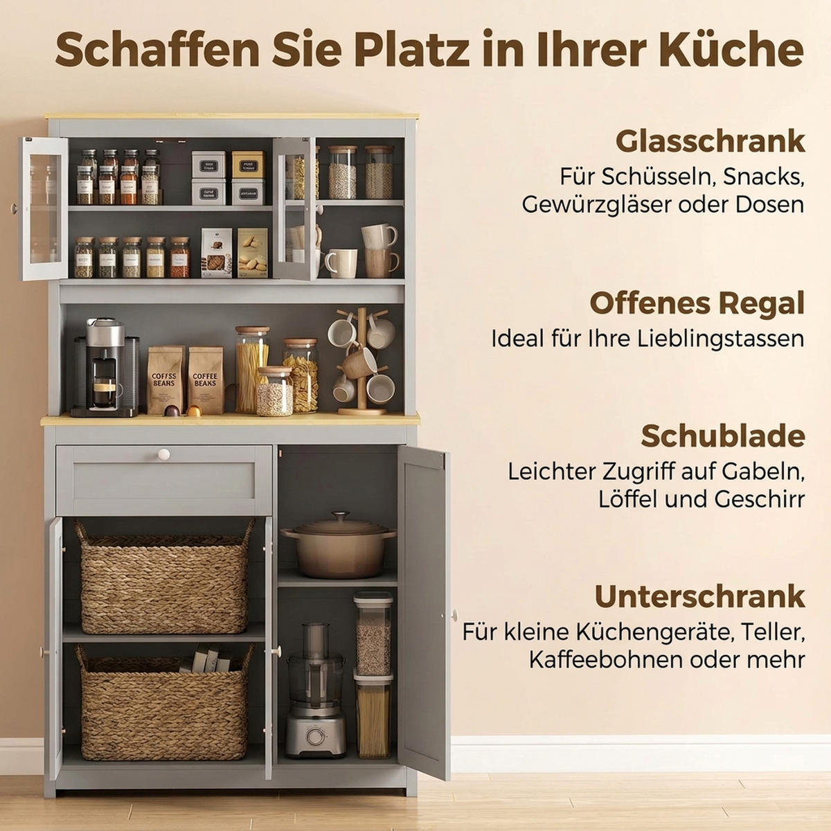 KÜCHENSCHRANK MDF Spanplatte Grau - Grau, Holzwerkstoff/Metall (40/180/100cm) - HOMCOM