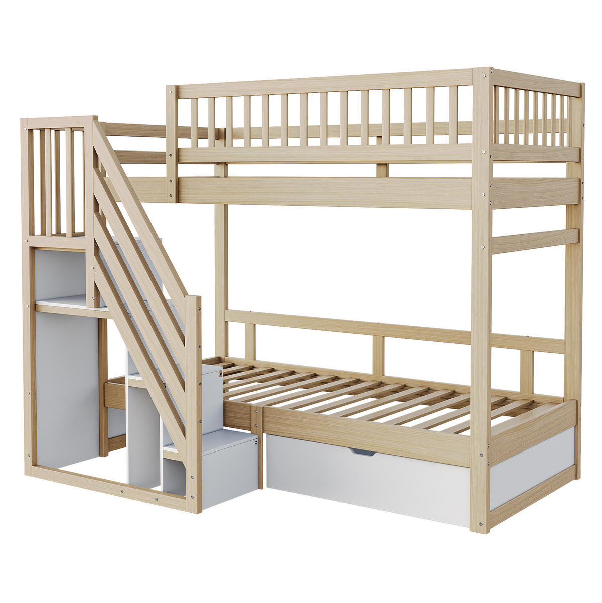 ETAGENBETT 90/200 cm mit Lattenrost, Treppe mit Stauraum und Schubladen, Natur /Weiß - Naturfarben, Holzwerkstoff (90/200cm) - Redom